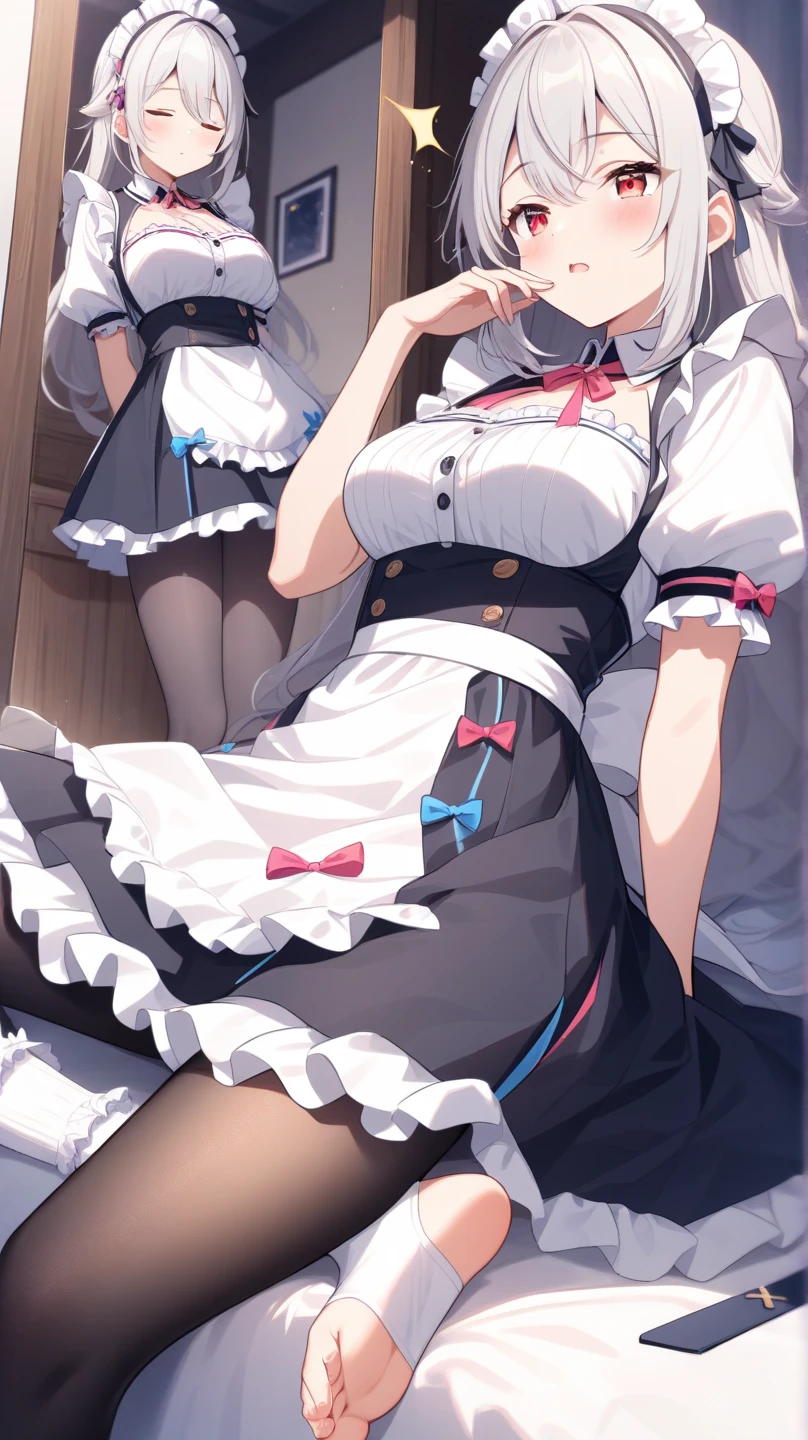 highest quality、masterpiece、((2 girls))、((smile:1.3))、(blush:1.3)、Black Shirt、blouse、((fun!!))、(Small breasts)、()、Blonde、()、((White apron:1.5))、((Maid))、((hair ornaments)),、Kamimei、look at me、 ((in house:1.5))、 Taking a break from watching the audience、Cowboy Shot、(Skirt lift:1.3),(Highly detailed white panties:1.3)、(Highly detailed panties:1.3)、、(スカート that rolls up:1.3)、(Panties fully exposed:1.5)、Light blue eyes、long hair、((spoken heart:1.5))、