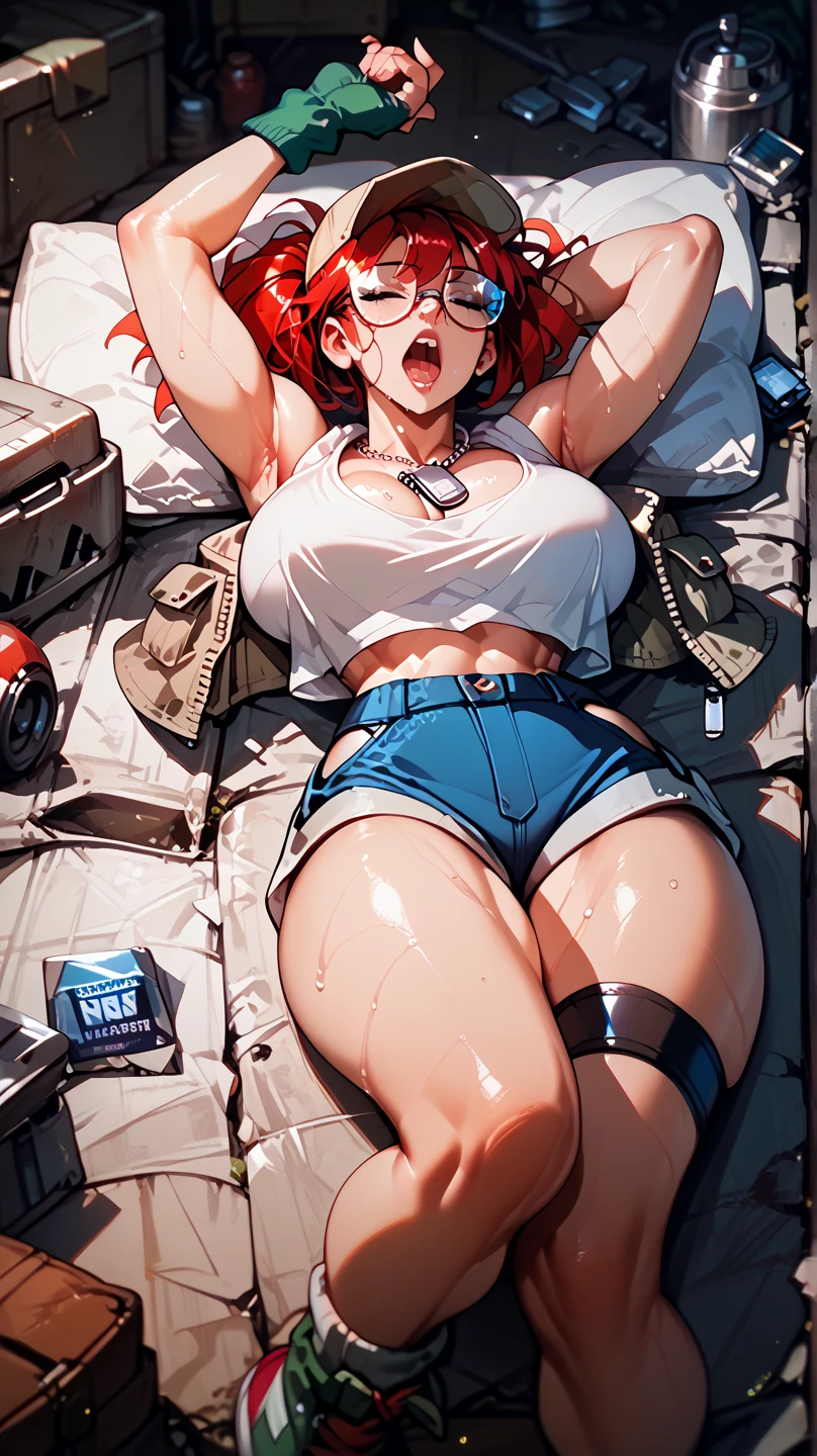 （NSFW：1.1）animemanga girl， ， gigantic cleavage breasts， thick thight， a sexy pose， Just a transparent shirt， no underwares， Open legs， red hair， full bodyesbian， dampness， with no underpants， In bras， Bulky breasts， emerges  ,Showing , , pink ,visible ,wet body , milf, nsfw, (((((huge muscles)))))