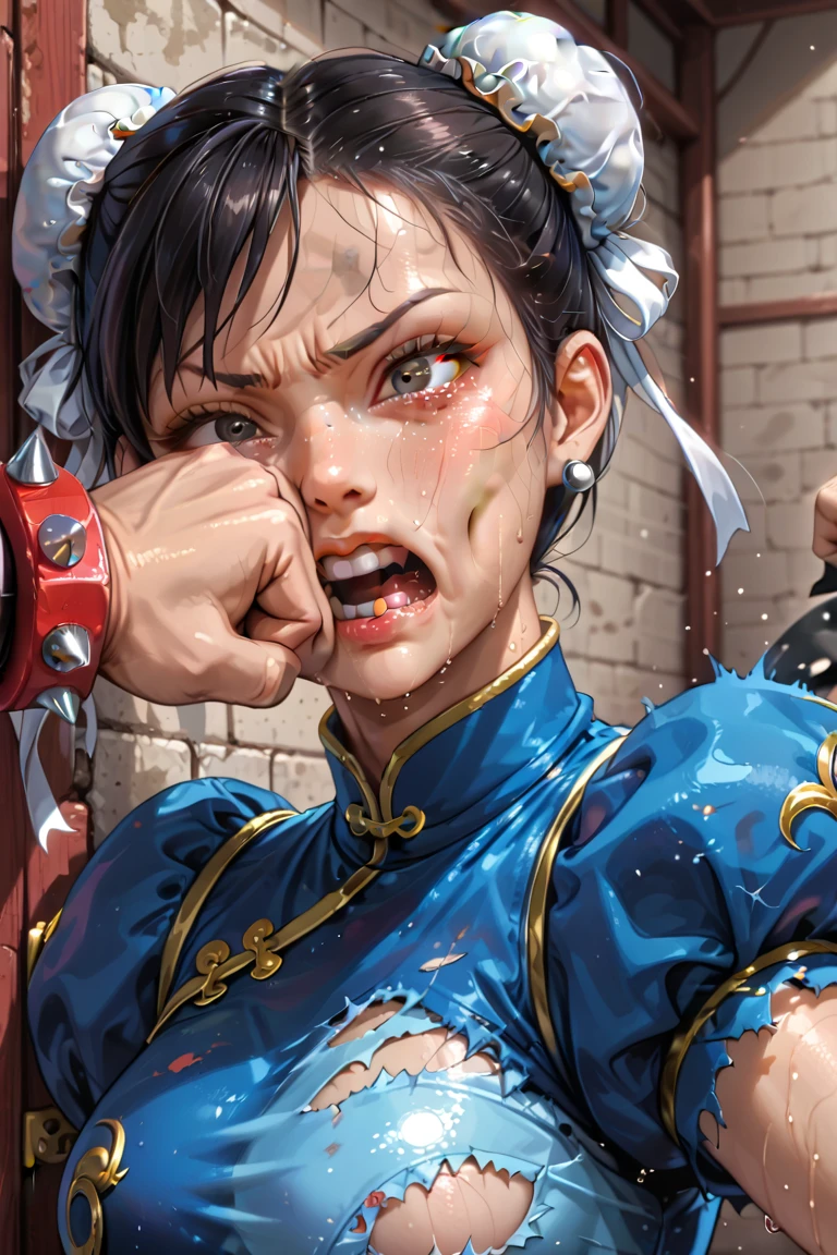 ((solo)),portrait,pov,(1girl),nsfw, (High quality, Ultra detailed, best quality, insanely detailed, beautiful),8K,anime,toxic art,(((she is brutally knocked on the face:1.3))), (((monstrous men punching her cheek:1.2))), (((knocked in the face))), (((assaulted))), pain, (((her cheek is deformed by the violent impact:1.3))), (her chin is deformed by the impact),(((strangled woman view:1.17))), (scratch on face or breast),(Are Are crying, Weak and tired eyes, tears: 1.2),( Bruises or blood on the face or body, Blood flowing from the head and face, Bodily injury or injury, Wounds and cuts, Bleeding lips: 1.2), (Tattered clothes: 1.2), Bloodstains on clothes,(((torn clothes))), (((exposed naked breasts))), (((fast strangling movement effect:1.2))),break,(((chun-li was the torture death match victim,sf2 chun,young,24yo,double bun, bun cover, China dress, Chai Pao, Blue clothes, Puffy sleeves, Brown pantyhose, White Belt, huge breasts,thick body))),break,Arms tied,(breast bondage:1.3),shibari arms,bondage,(arms behind back:1.29),restraint rope,Sweaty body,tearsdrop,break,In the underground cage,Anatomically correct、Severe injuries to face and body、Ropes that dig into the body、Tied up with rope,