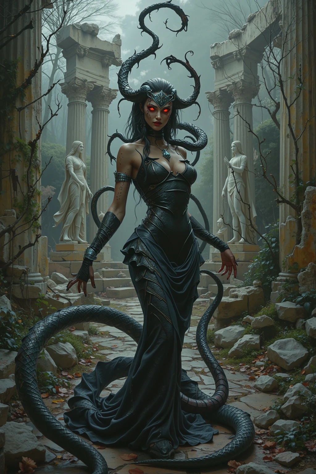 A hybrid woman with a serpent-like lower body stands in an ancient crypt in the middle of the desert, facing a relic hunter she has just bitten to defend herself. Her piercing golden reptilian eyes glow with a threatening intensity, her lithe yet curvaceous 1.7m tall frame exuding an imposing and enchanting mystical power. Her pale skin with bronze undertones is marked by delicate black scales, while tattered silk sashes floating around her subtly reveal her harmonious and powerful silhouette.

The weakened relic hunter kneels before her, expressing pain and surprise from her bite. The crypt is filled with debris, collapsed flagstones, and sand from a recent storm. The golden light of dusk filters through the suspended dust, bathing the scene in a dark, gothic, and mysterious atmosphere where danger and eroticism mingle in palpable tension.

(best quality,4k,8k,highres,masterpiece:1.2),ultra-detailed,(realistic,photorealistic,photo-realistic:1.37),extremely detailed eyes and face,beautiful detailed eyes,beautiful detailed lips,longeyelashes,1woman,hybrid serpent woman,ancient crypt,desert setting,relic hunter,bitten relic hunter,piercing golden reptilian eyes,lithe curvaceous frame,imposing mystical power,pale bronze-toned skin with black scales,tattered silk sashes,harmonious powerful silhouette,collapsed flagstones,suspended dust,golden dusk light,dark gothic mysterious atmosphere,danger and eroticism
