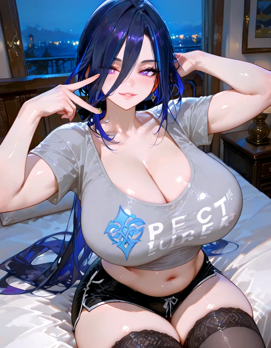 ((Best quality, 8k, Masterpiece :1.3)), 1girl, Pretty woman with emphasizing slender abs :1.3, (random hairstyles, Huge breasts :1.2), Oversized tank top :1.2, Ultra-detailed face, Detailed eyes, Double eyelid, (girl is riding on top of a man.1:3), hentai,