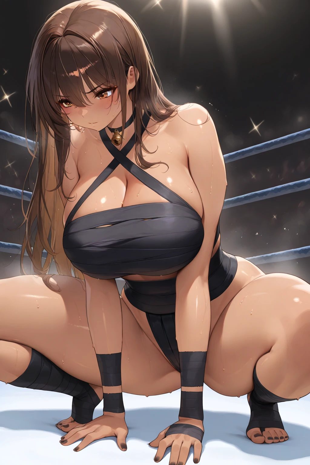 full body photographed、(highly detailed:1.2) ,ultra-detailed,top-quality,hight resolution,Female professional wrestler　 wrestling shoes　Knee pad　elbow pad　Professional Wrestling Ring　three ring rope　1mature woman　solo　light brown hair　Drooping eyes　　highleg simpleleotard　　skinny　　mature face　　kneeling , suffering face:1.2,crying,wailing,wet body