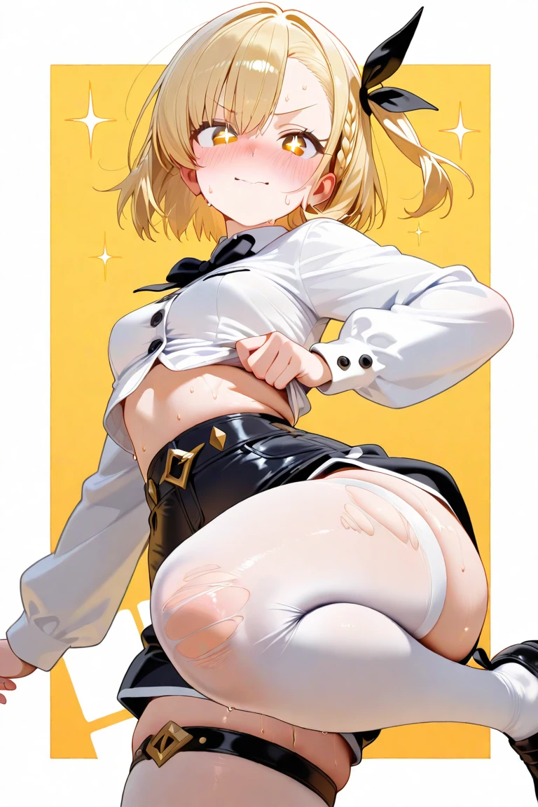 score_9, score_8_superior, score_7_superior, sauce_anime,One person,
sleepy, Tomomi, Blonde, Drill Hair, Twin Drill, Yellow Eyes, blush, orgasm,
boots, Brown footwear, brown gloves, corset, Removable sleeves, fingerless gloves, gloves, Have, Juliet Sleeve, knee boots, Long sleeve, Magical girl, Puff sleeves, skirt, Striped, Striped Knee socks, Knee socks, Thighs, vertical stripes, vertical-Striped Knee socks, yellow skirt,squatting,open legs, (Shooting from below), (pussy focus), ((pussy juice)), (dildo)