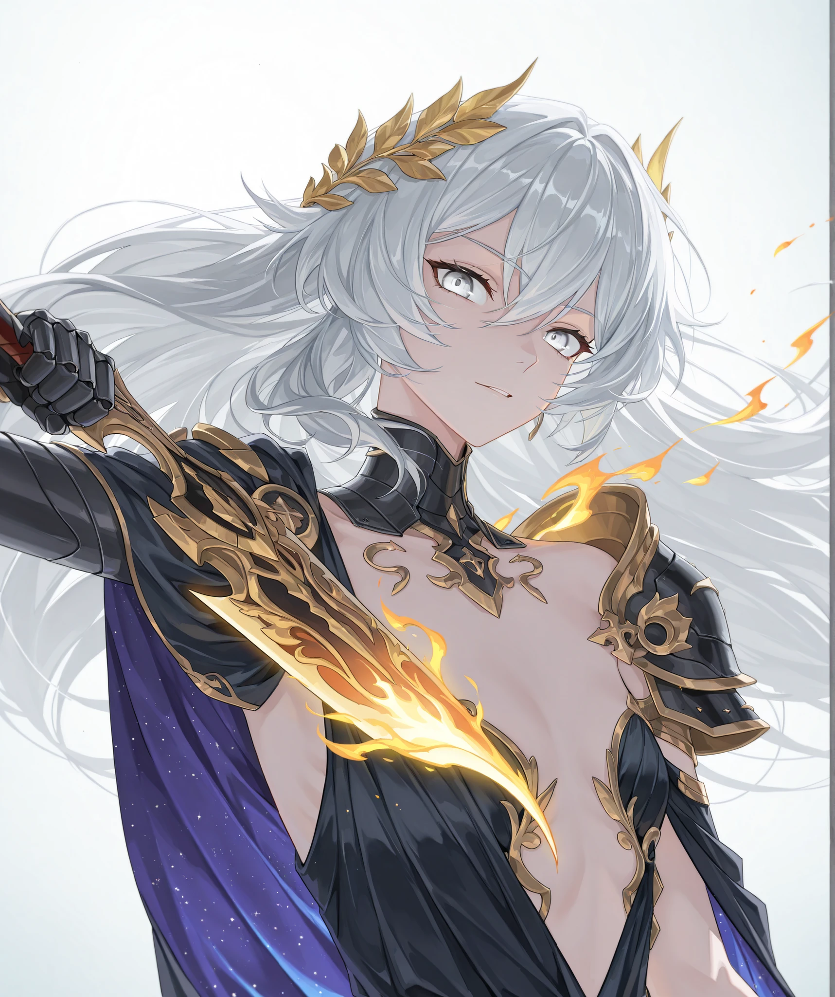 (upper body focus, portrait, close up shot:1.22), dynamic pose, three quarter shot, looking at viewer, mature, 1girl, solo, mature, masterpiece, best quality, amazing quality, very aesthetic, high resolution, ultra-detailed, dramatic lighting, absurdres, arrogant expression, head tilt up, jawline, scenery, golden aura, golden flames, white flames, (Senti, Herrscher of Sentience, FuHua, Fol005, Fh_Hos:0.73), flat chest, white hair, white eyes, gray eyes, silver eyes, carapace, shoulder cape, centurion, exposed stomach, asymmetrical clothes, exposed shoulder, dark red and black fantasy armor, black dress with golden trim, gold accents, (synthetic armour, nanoweave:1.14), (greco roman dress, greek dress:1.4), wielding greatsword, bloody red scimitar, warrioress, priestess, laurel crown, glowing cape, cosmic weapon, asymmetrical clothes, SSR Gacha character, villainous, ornate clothes, (flame sword summons, cosmic sword:1.6), astral sword, deep blue purple pink and gold sword,
