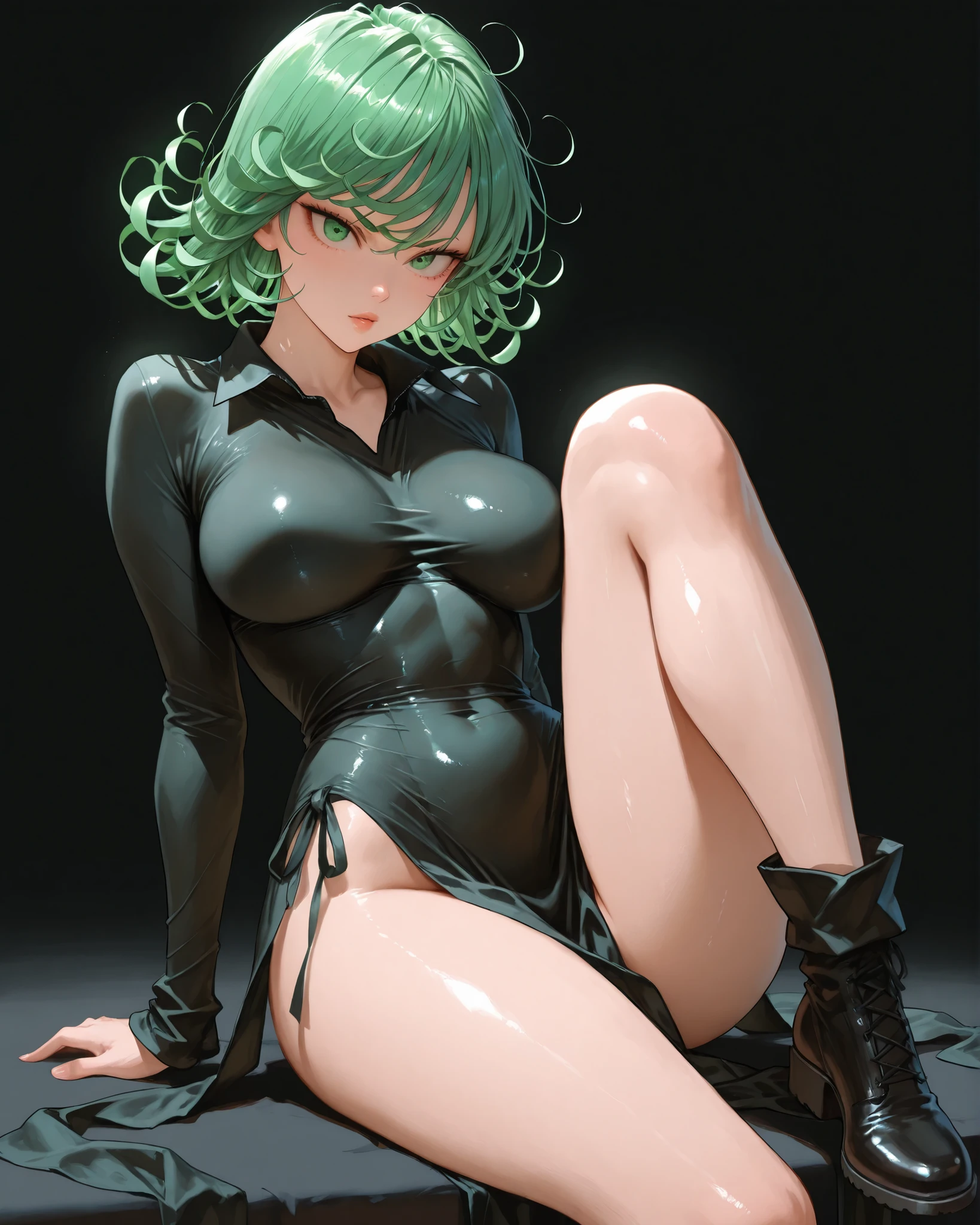 (work of art, best qualityer:1.2), only, 1 girl, tatsumaki, not funny, cloused mouth, looking a viewer, hand on our face, sitting down, short black dress,muslos grandes,crossing the leg, hair green