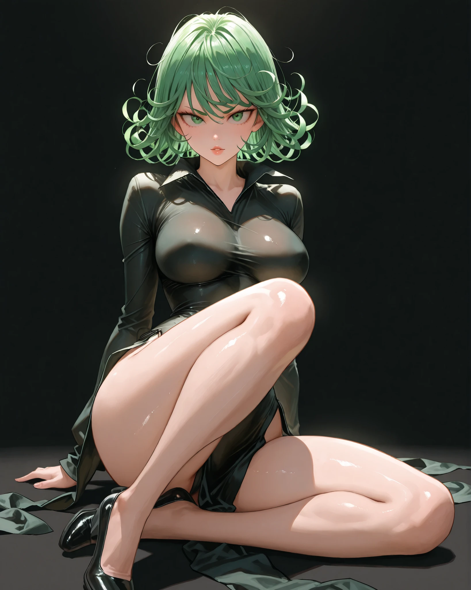 Tatsumaki, sitting on bed, pussy, naked, finger in pussy, masturbate, legs spread, crying, blushing, black dress, tight and revealing, flowers in the background, ultra detailed, realistic, 8k, expressive, 3d
