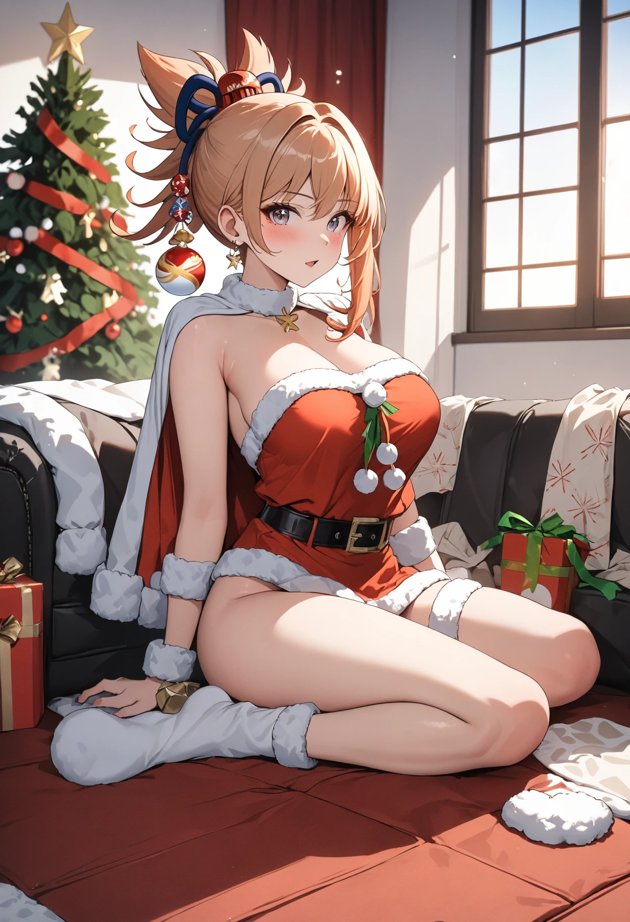 (top-quality,High resolution,(Ultra high definition,4K), (超A high resolution,in 8K),masutepiece:1.2), (Perfect Anatomy,Anatomically accurate), (Angle from above), (Soft lighting, 光线追踪), (((Open legs sitting on a sofa in the lobby of a luxury hotel))), (1 Cute High School Girl), Black spats, (santa claus), Cute panties, ((Cosplay costumes)), (Crisp double eyelids), (fascinated expression),(Large breasts:1.3),(Soft skin), (Photorealistic), (Wheat colored skin), (colourful hair)