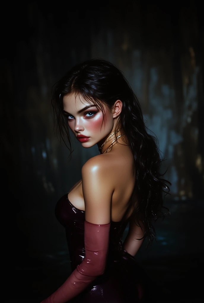 (best quality,ultra-detailed,photorealistic),young woman vampire queen,beautiful bright red eyes, detailed lips, green lipstick, vampire like makeup, pensive expression, soft lighting,vibrant colors, long flowing Reddish hair, stylish vampire outfit, cemetery background, dark night,serene atmosphere, hourglass figure, 4k details, erotic face, full body pose, shown vampire teeth