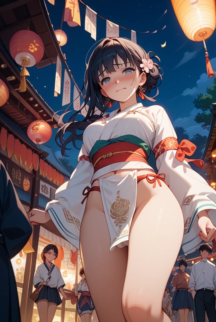 ((A plump and squishy lady:1.3)),((surprise!!:1.3)),(((Women's Lace Panties,((open crotch pantie)),transparent,Erotic lingerie,Big size,Open crotch underwear))),Highest quality、High resolution、Detailed Background、(Beautiful face in every detail:1.4)、"A young Japanese girl enjoying the traditional Sanja Matsuri festival. She is wearing a vibrant blue and white 'happi' coat, a traditional Japanese festival attire, adorned with festive symbols and patterns. The girl has a joyful expression, her hair tied in a neat bun, with a few strands peeking out. She is surrounded by the lively atmosphere of the festival, with colorful lanterns, banners, and crowds of people in the background. The streets are bustling with energy, and the sky is clear and bright, adding to the festive spirit. The girl is holding a small, traditional festival fan, and you can see a float (Mikoshi) being carried in the distance, with participants in similar attire cheering and chanting."