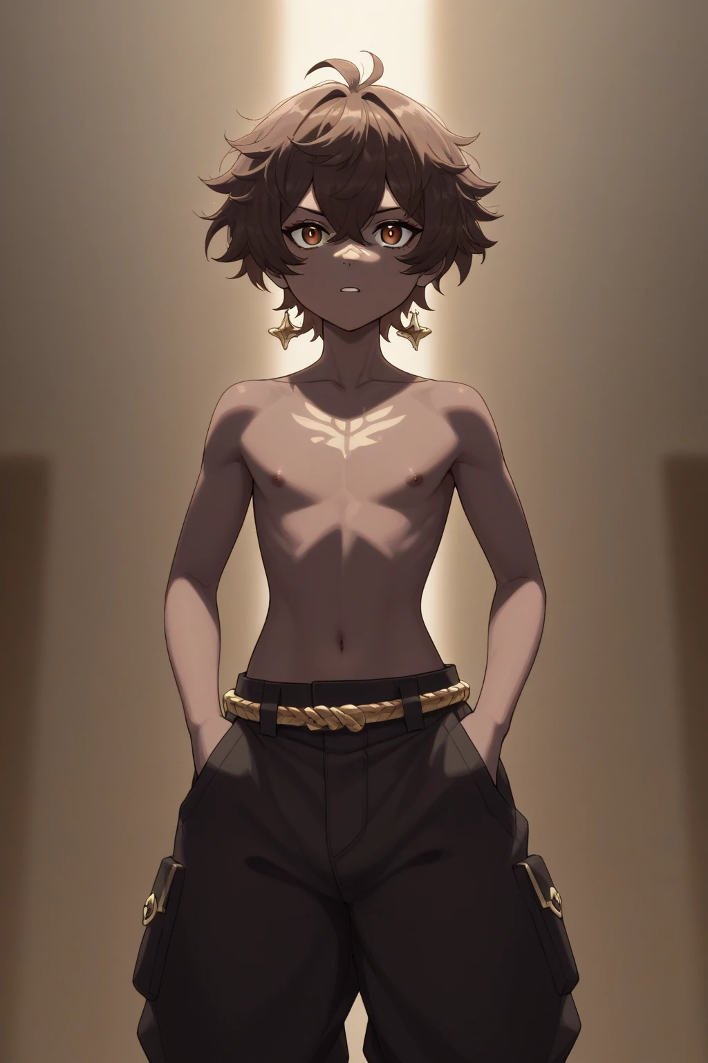 1girl, ((androgynous)), pixie cut, dark skin female, flat chest