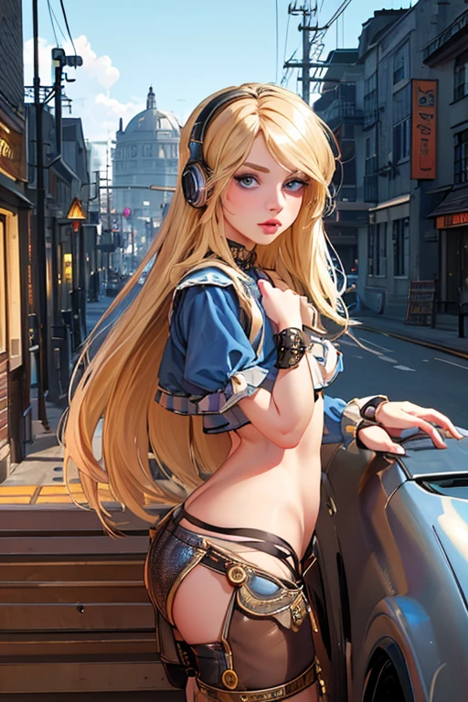 ((masterpiece)), ((best quality)), (ultra detailed), ((extremely detailed)), 1girl, blue eyes, detailed eyes, beautiful eyes, blonde hair, very long hair, extremely detailed hair, shiny hair, ((dark skin tone)), skin texture, shiny skin, extremely detailed skin, big breasts, highlighted nipples, small waist, big butt, Sexy, wearing (((sexy babylook shirt))), (((micro ripped shorts))), (((iPhone))), ((headphone)), walking in a dirty and sinister alley, rich details, garbage cans, flying papers, rats, damp floor, drainpipe steam. image with ((depth of field)).