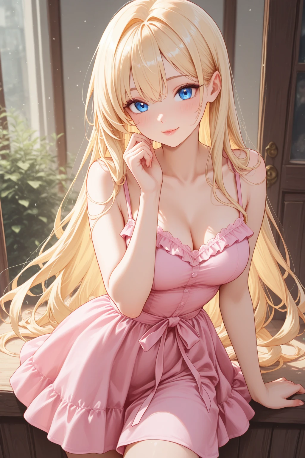 (leaning over:1.4), (masterpiece:1.2, best quality), (real picture, intricate details), 1girl, solo, absurdres, cowboy shot, standing, outdoors, :3, smile, bear girl, bear ears, ((light pink dress)), white thighhighs, platinum blonde hair, gray blue eyes, long hair, strawberry choker, smile, open mouth, one fang, large breasts, cleavage, sleeveless dress, arms behind back,