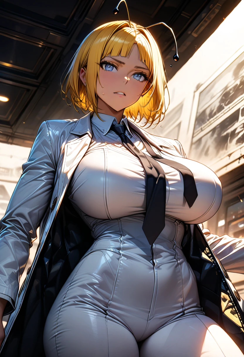 1female,35yo,plumw,extremely large bosom, 独奏,(Background with:A desert,aerodrome,Planes) She has very short blonde hair,bobo head,Stand on the plane,,seen from the front, curlies, mostly cloudy sky,(((tmasterpiece),(Very detailed CG unity 8K wallpaper),best qualtiy,cinmatic lighting,detailed back ground,beatiful detailed eyes,Bright pupils,Blue eyes,(Very fine and beautiful),(Beautiful and detailed eye description),ultra - detailed,tmasterpiece,)),facing at camera,A high resolution,ultra - detailed),revealing breasts,Bare genitalia, Bulge,legs are open,Raised sexy,Camel toes,Flushed complexion,Desire for dissatisfaction,frontage,French Air Force,Aviator,military hat(Wearing:White baseball jacket,Black pantyhose,Bare breasts)