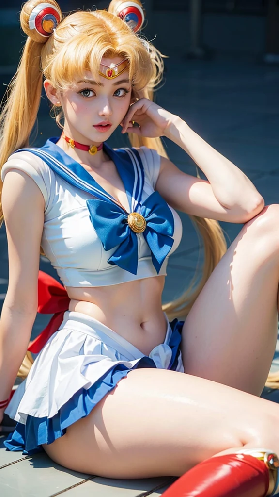 A realistic photograph of a beautiful woman dressed in a Sailor Moon cosplay, posing confidently on a sunny beach during midday. She has long, flowing blonde hair styled in twin buns with pigtails, capturing the iconic look of Sailor Moon. She is wearing a detailed and vibrant Sailor Moon outfit with a white leotard, a blue collar with a red bow, a short blue skirt, and red knee-high boots. The scene is set against a bright blue sky, with natural sunlight casting soft, flattering shadows and highlights on her skin. The ocean waves gently crash in the background, creating a serene yet dynamic setting. Emphasize her elegance and charm, with a focus on her joyful expression and the vivid colors of her cosplay. The overall atmosphere is bright, lively, and cheerful, highlighting her beauty and the natural beach environment.
