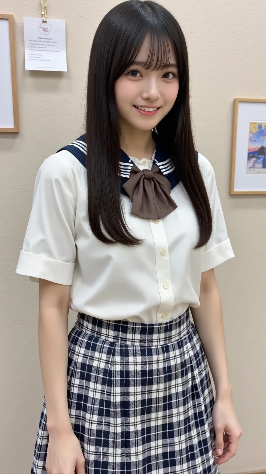 1girl, solo, looking at viewer, blush, short hair, bangs, skirt, simple background, brown hair, shirt, long sleeves, white background, hair between eyes, brown eyes, sitting, closed mouth, school uniform, white shirt, pleated skirt, socks, collared shirt, hand up, miniskirt, black skirt, sweater, looking to the side, wariza, black socks, between legs, hand in own hair, hand between legs