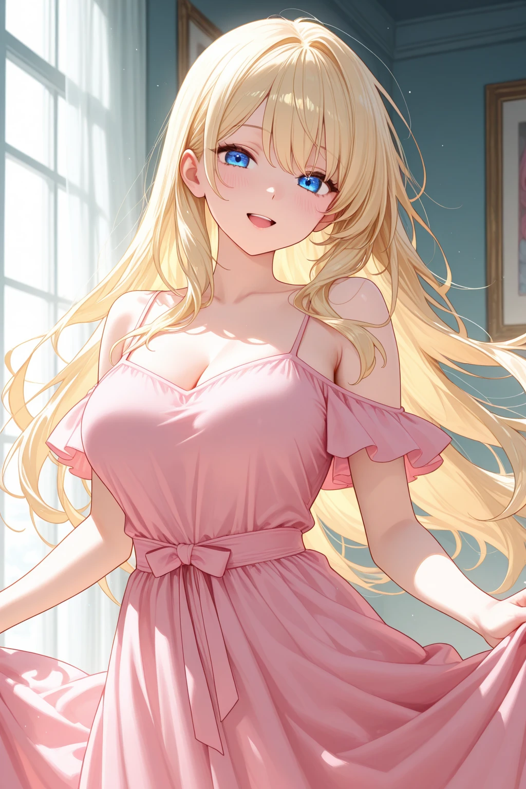 (((Adult woman))), pink eyes, long blonde hair, beautiful dress