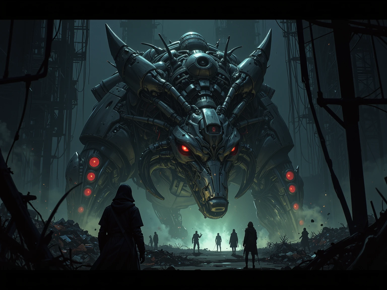(((masterpiece))), ((best quality)), ((ultra-detailed)), (CG illustration), (an extremely devious and beautiful)), cinematic light, ((mechanical construction)), (giant mechanical statue), (giant gear), (mechanical building), ( Wires and cables attached to statues: 1.5), science fiction, apocalypse, (church ruins)
