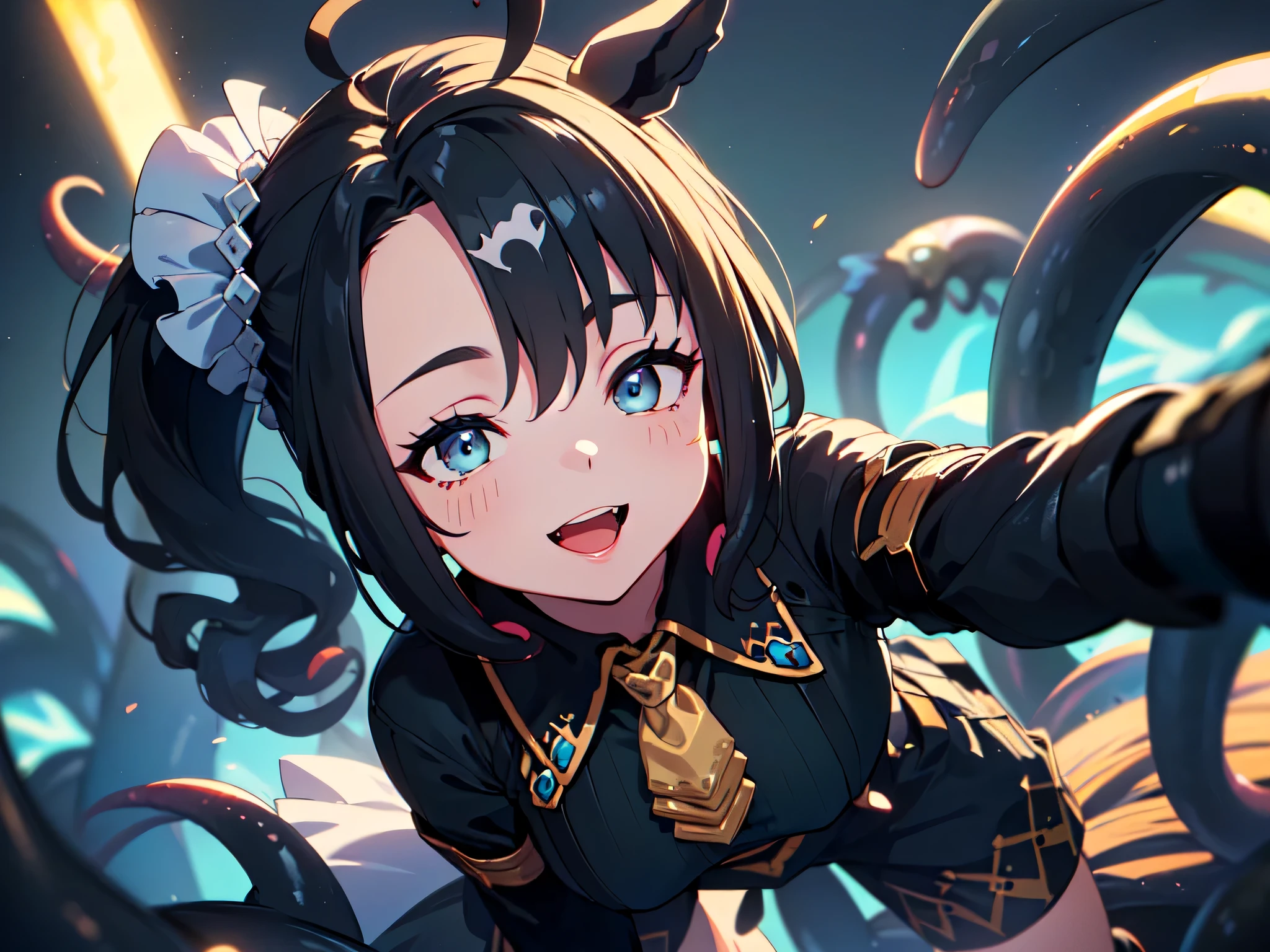 (Solo, alone, thick tentacles, tentacle hell: 1.5), (no ears, no horse, no lights: 1.5), (mature woman, horse ears, black hair, long fluffy hair, ahoge, ponytail, slanted eyes, blue eyes, looking at camera, rosy cheeks: 1.5), (delighted expression: 1.5), (suspenders, jacket, hot pants, idol outfit), (girl on top, straddling: 1.5), 2DCG animation, UHD, Retina, Masterpiece, Accurate, Anatomically Correct, Textured Skin, Ultra High Resolution, Very High Resolution, High Quality, Award Winning, Best Quality, High Resolution, POV