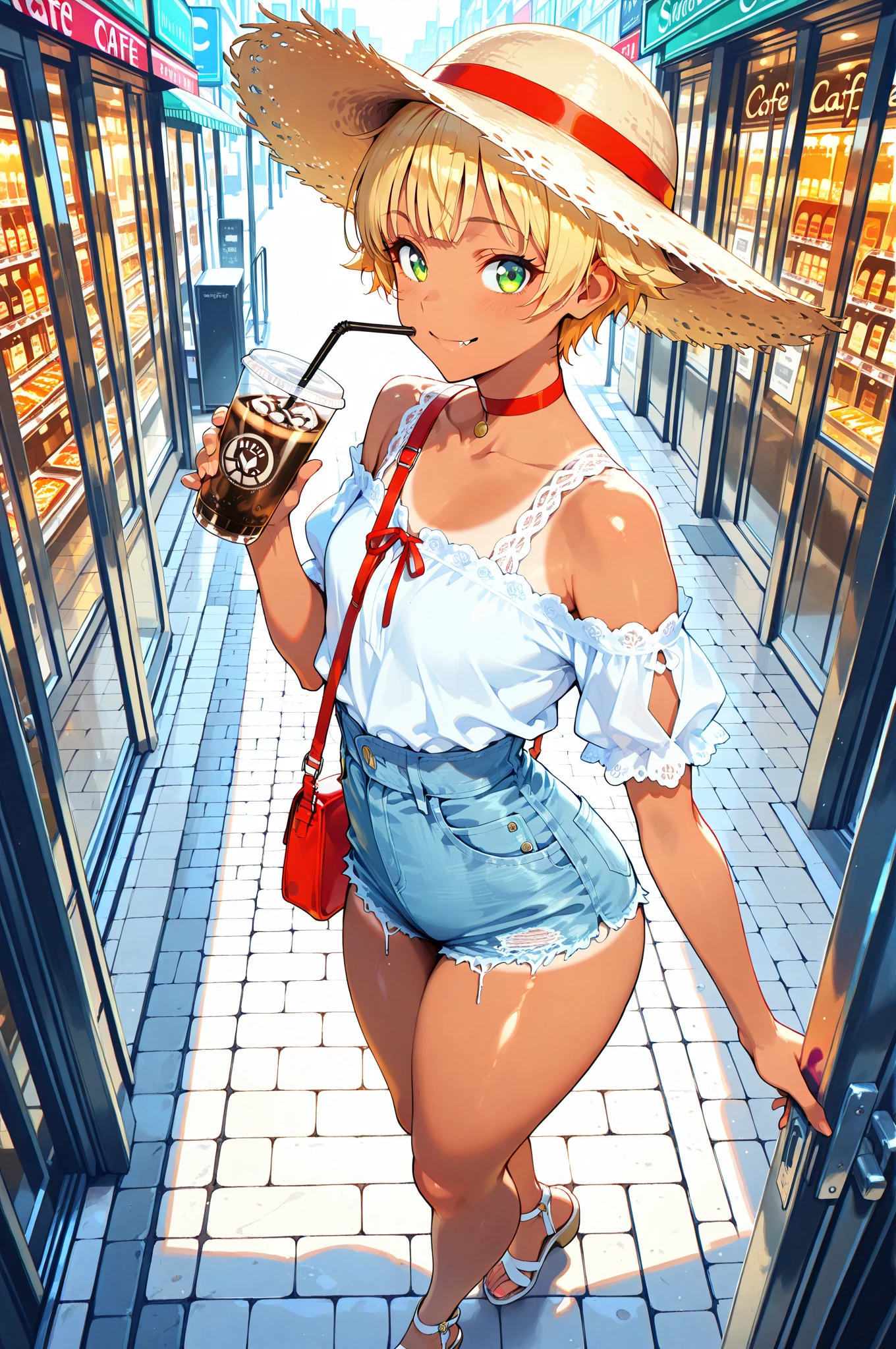 (masterpiece, Best Quality, ultra-detailed, high resolution, extremely detailed CG, official art, Professional Lighting, Perfect Anatomy), (from below), looking at viewer, cowboy shot, perfect body, 24yo beautiful 1girl, delicate beautiful face, Bright magenta eyes, cute eyes, sparkling eyes, (perky chest:1.1), (pointed chest:1.3), medium hips, glamorous body,a small face,beautiful-makeup,Makeup light,Shortcut Hair,dark brown hair, Amazing Cleavage:1.2,Raised sexy, small breast: 1.2 ,posed cleavage:1.2, bare legs, nail_polish, Waiting friend, (at morning:1.5), tokyo, (convenience store:1.3), outdoor, (depth of field:1.3), contrapposto, (Hold a coffee in your hand:1.3), looking at viewer,(double breasted:1.1,under bust:1.2), gap between buttons,(((Extremely short mini skirt,))) seductive weak smiling,(with sparkling eyes and a contagious smile),open mouth, Looking at Viewer,