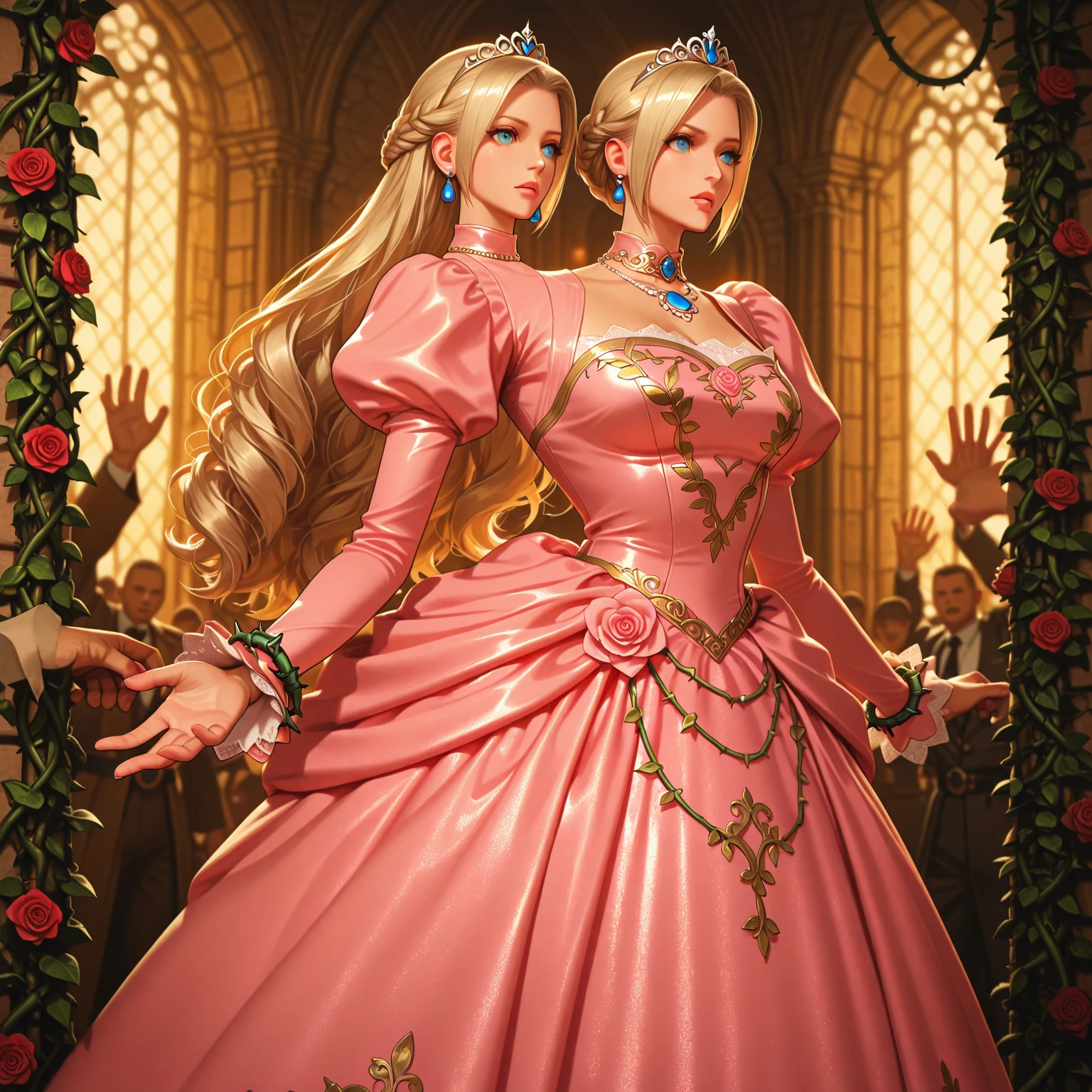 Princess Peach, ((long hair, blonde hair, bang, glowing blue eyes, wide eyes, crown, lipstick, makeup, narrow waist, skinny, medium breasts, earrings, alone)), pelvic curtain, ((pink dress, wedding dress, Scooped up the ass, gloves)), full body, perfect body, (insanely detailed, beautiful detailed face, masterpiece, best quality) , (((solo))), (((1girl))), (((mature))), (extremely detailed 8k paper CG wall unit: 1.1), (wedding, garden, dusk), (smile face for the viewer), big ass, from back, behind