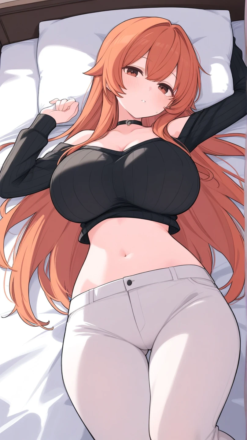 2 heads, a tall thin woman with 2 heads. Massive breasts. In a bedroom. Laying down on back. Wearing tight crop top and jeans. Wearing a beanie hat. Neon hair. Young. Happy, smiling. Thin face. Sexy, seductive. Sexy tall slim body. Enormous tits. Big lips. Adorable. Girlfriend. Happy. Extremely giant breasts. Gripping breasts. 
