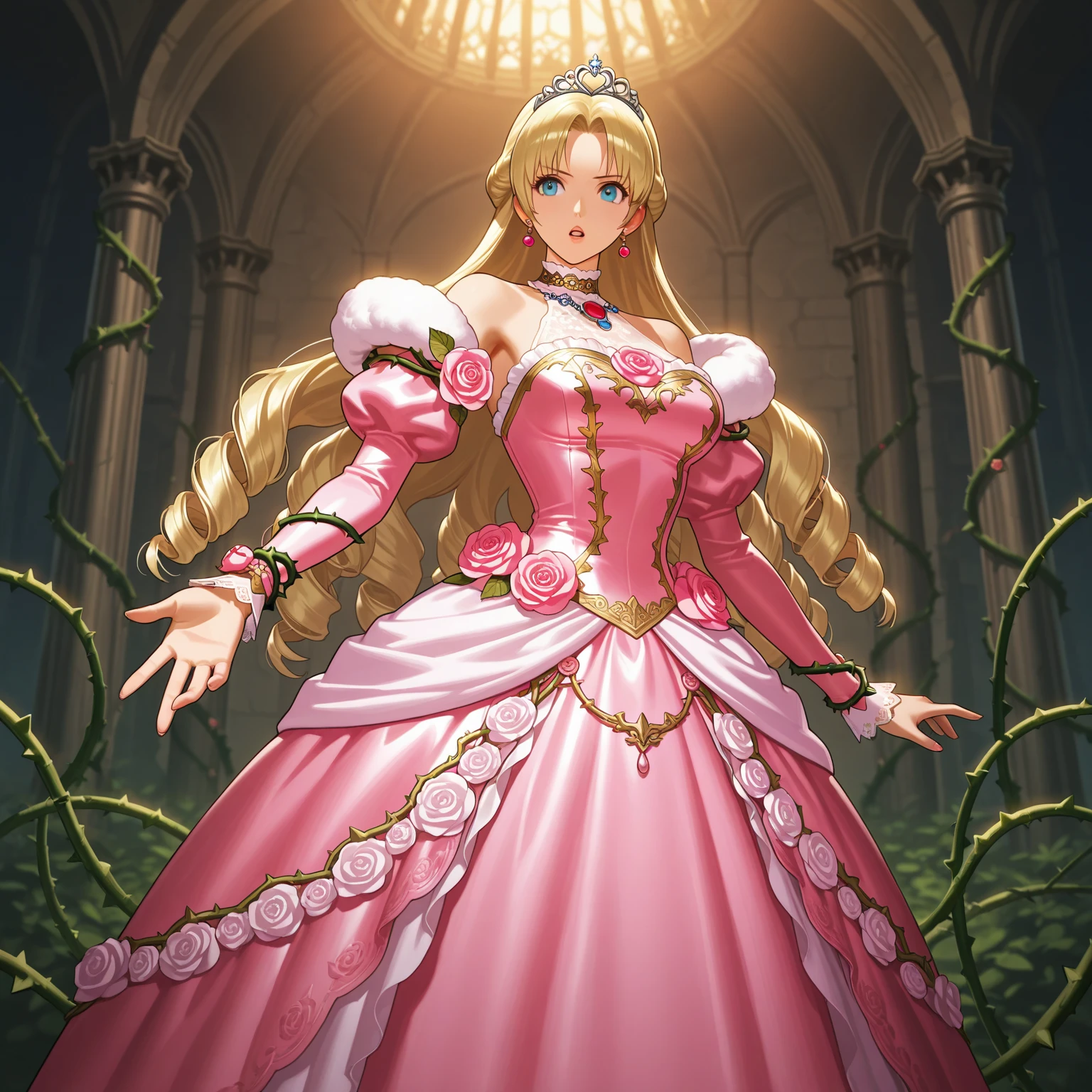 Best quality, masterpiece, ultra high res, raw photo, beautiful and aesthetic, deep shadow, fairy theme,(ultra detailed:1.3),
1girl, standing pose, flower headdress, drill hair, long hair, blonde hair, gradient hair, yellow eyes, solo, huge breasts, big hair, blue hair, divine goddess, looking at viewer, indoors, queen bedroom, empress bed, room full of curtain, astraea, full body, pink dress, burlesque dress, transparant dress,