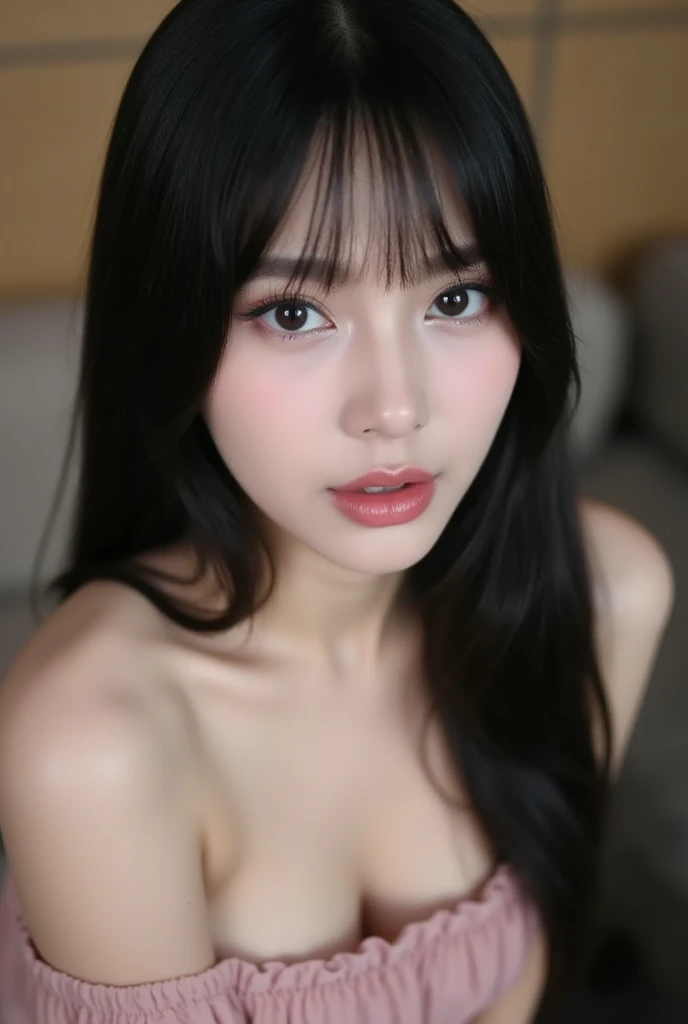 Gentle portrait of a beautiful Asian woman, flowing hair, captivating blue eyes, delicate features, radiant smile, natural makeup, elegantly dressed, small round breast, (Deep V Satin Silk Lingerie)),gentle expression, slight blush, warm skin tones, fantastic lighting, soft shadows, high-resolution digital painting, realistic style, artistic interpretation, by a skilled portraitist.