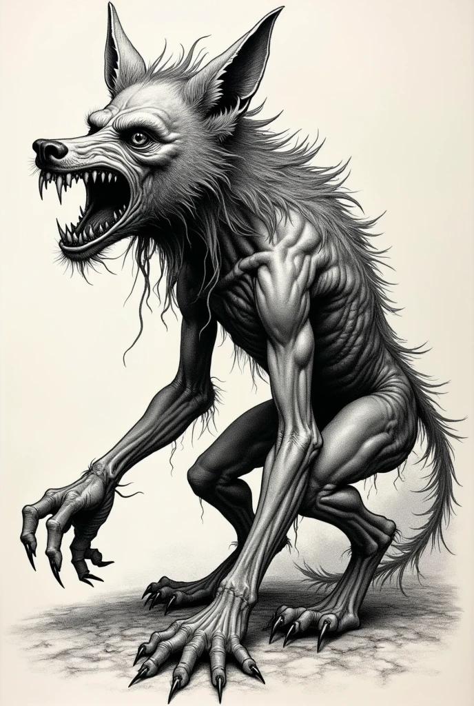 A grotesque anatomical study of a werewolf:2.0, depicting its lupine features:0.7, sharp claws:0.5, and feral snarl:0.6, all executed with nightmarish attention to detail:0.9 in the macabre style of The Resurrectionist:1.0. , The_Resurrectionist<lora:The_Resurrectionist:1.0>
