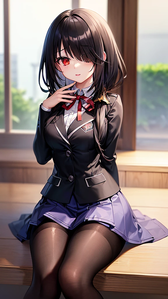 finest, masterpiece, High resolution, (Full body view from head to toe), Composition from slightly below the front, Symmetrical, 18 years old, slim and beautiful girl, alone, (small breasts), (not wearing shoes),Unkempt brown hair, bangs, (black tights), (black pantyhose), tied up with both arms hidden behind the back, , blush, shy big eyes, looking at camera, blazer uniform, plaid pleated skirt、Panties around ankles、Black knee-high socks