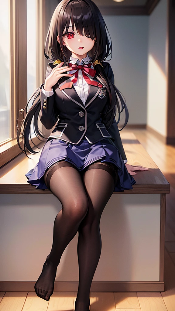 (Prominence in Masterpiece, Best Quality: 1.2), solo, 1 girl, Miku nakano, serious, mouth closed, looking at viewer, hand on face, sitting, legs crossed, collared shirt, tie up, skirt, stockings , big thighs, big breasts)