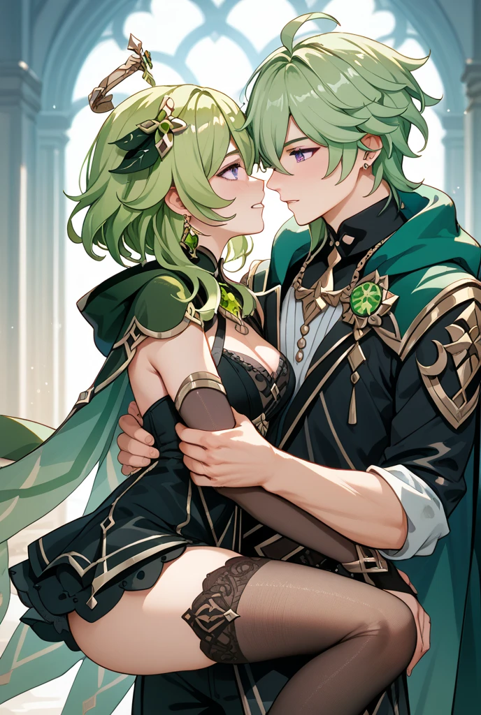 nsfw,((One man and one woman,Having sex)),(supright straddl),hug,kiss,Long Tongue,from side,Nipples,Small breasts,Bare Breasts,hair ribbon green hairband ,pointy ears,yellow bow green dress bare shoulders detached sleeves clothing cutout skirt green gloves,Open Mouth Smile,Simple Background
