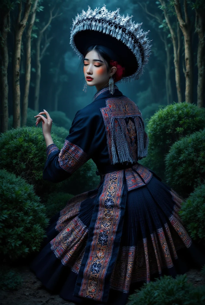 Ninja girl, ninja costume, samurai sword on the back of a statue, golden moon, dark sky.