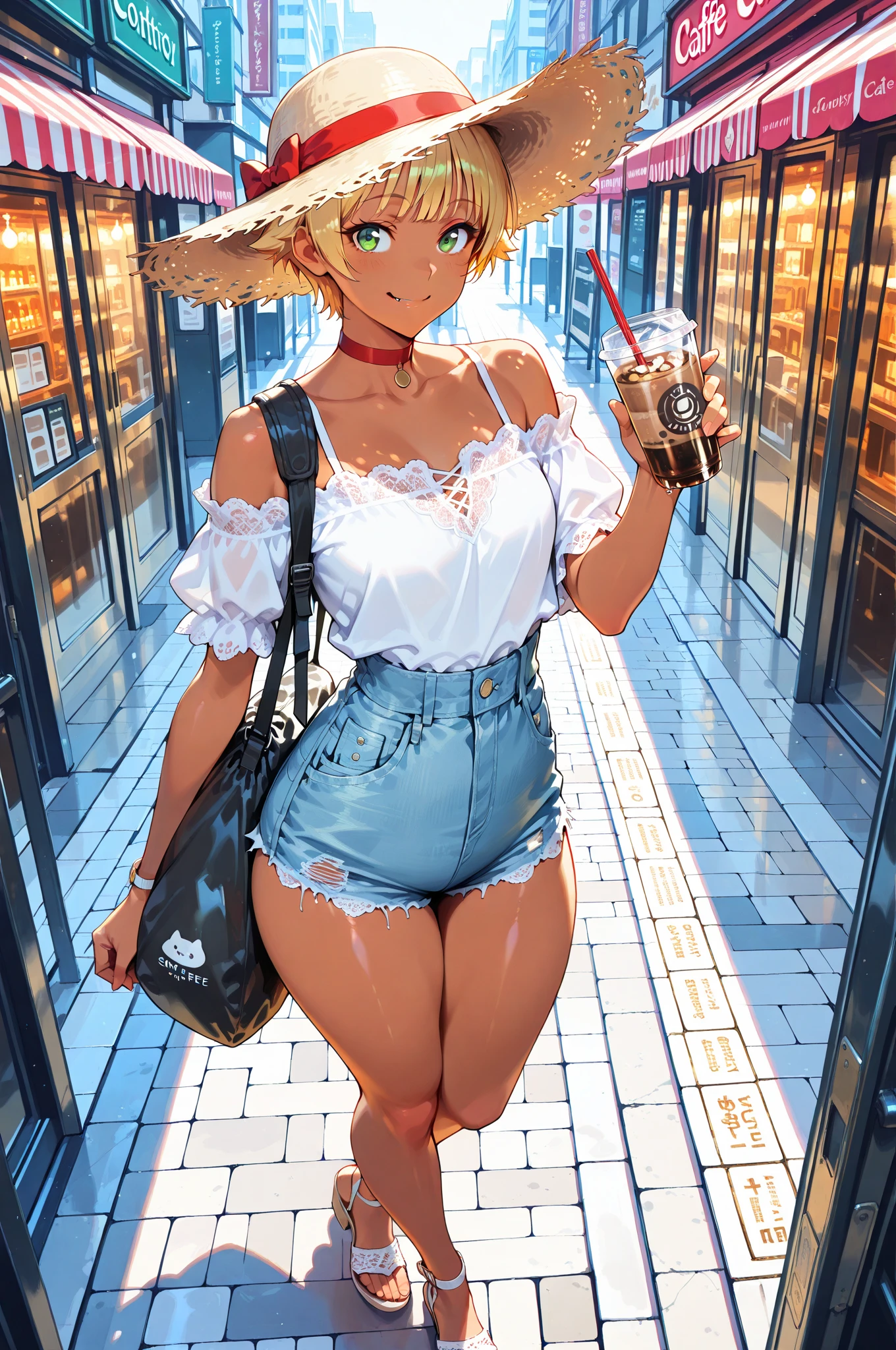 girl,Young,、(masterpiece,Highest quality),Street,Completely naked,Bare shoulders、gal、blondes、smile、passionate、(underboob),(Big Breasts),Cleavage,(stomach),Black mini tube top、looking at the camera、barefoot、Very short denim shorts(The zipper is broken),Button open(Ultra Micro Mini Shorts),Strong winds、solo、Are standing、barefoot,In the subway、City、City of the near future、Inside the train、