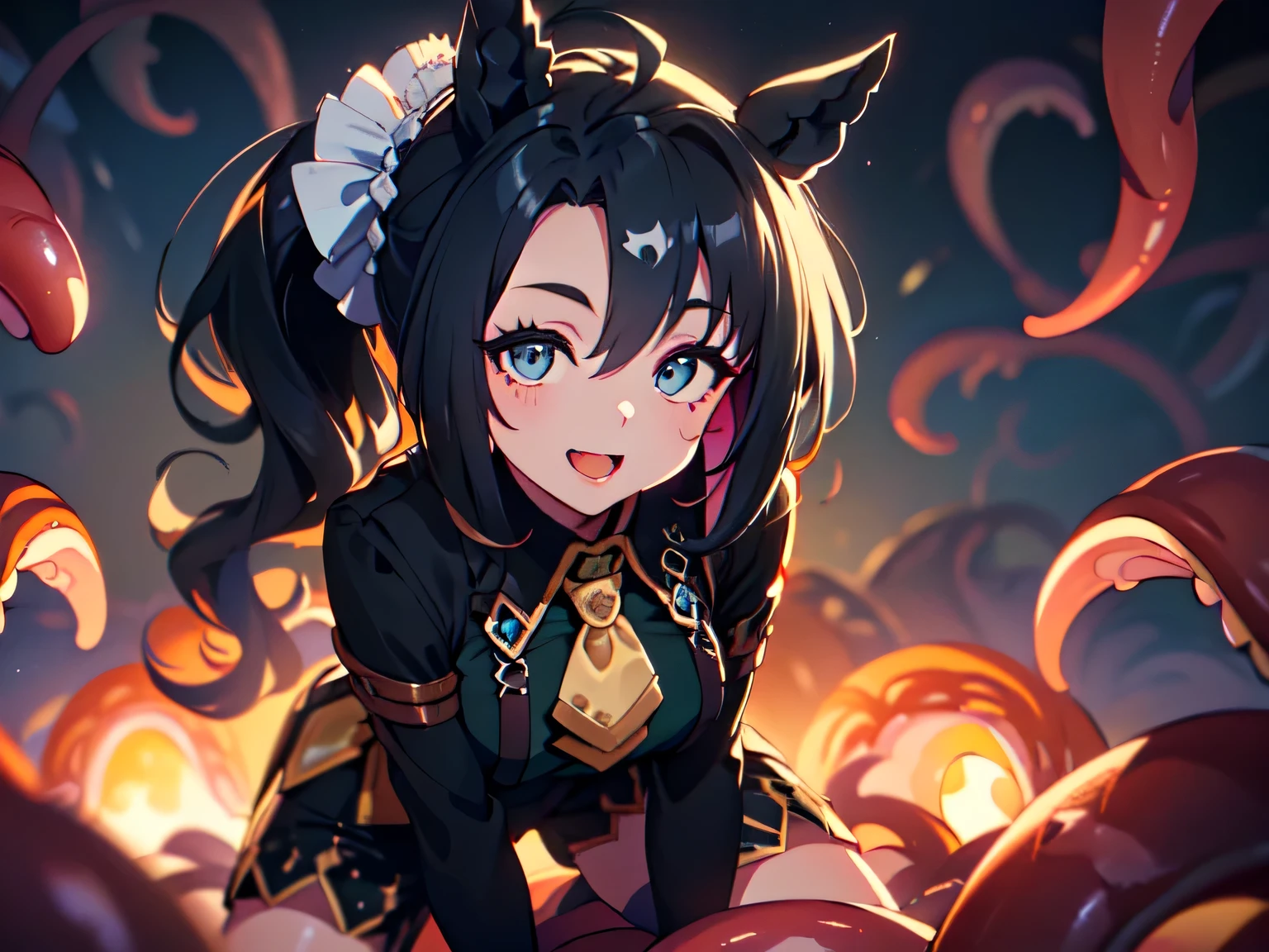 (Solo, alone, thick tentacles, tentacle hell: 1.5), (no ears, no horse, no lights: 1.5), (mature woman, horse ears, black hair, long fluffy hair, ahoge, ponytail, slanted eyes, blue eyes, looking at camera, rosy cheeks: 1.5), (delighted expression: 1.5), (suspenders, jacket, hot pants, idol outfit), (girl on top, straddling: 1.5), 2DCG animation, UHD, Retina, masterpiece, accurate, anatomically correct, textured skin, ultra high resolution, very high resolution, high quality, award winning, best quality, high resolution, upper body POV