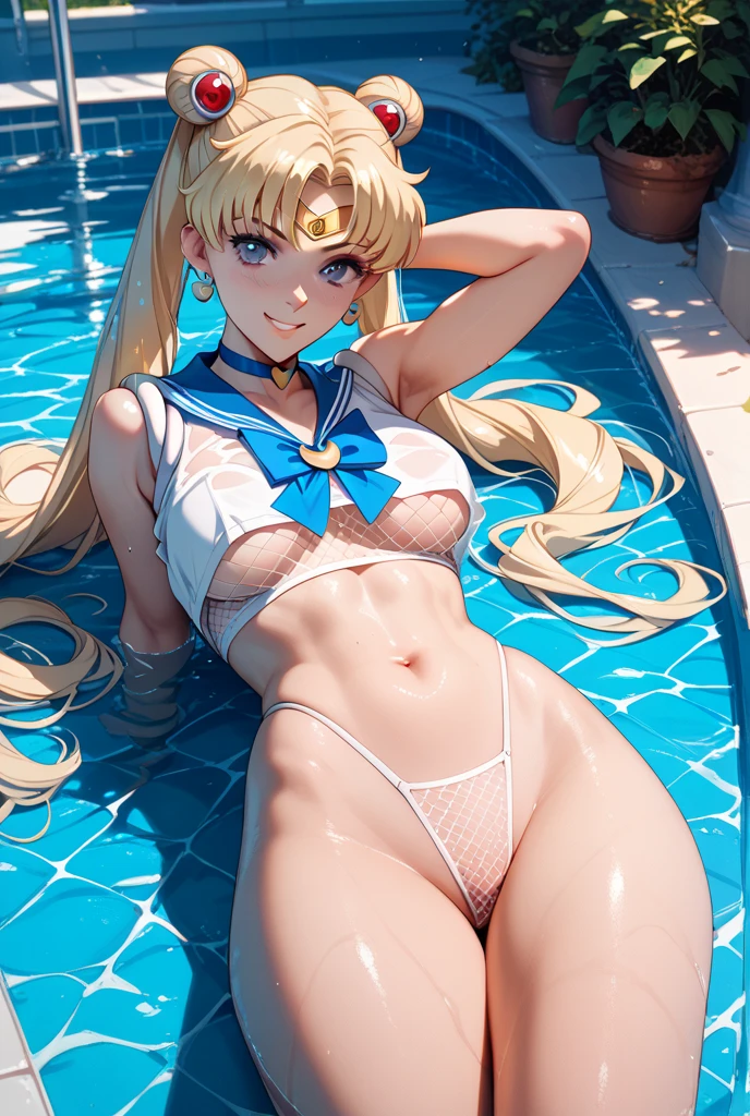 1 lady, HD quality, anime, solo full body shot, (sitting with hands back:1.3), (open legs to limit:1.5), (with one knee up:1.3), showing pubic area:, (under boob:1.6), Large breasts, (cleavage), shiny skin, smiling, (thin thighs:1.3), (Sailor uniform only for the upper body:1.5), (Crop Top sheer white shirt:1.5), (sleeveless:1.6), without brassiere, (sheer white tiny micro thong:1.5), poolside, (Green detailed eyes), blue sailor collar, red ribbon tie