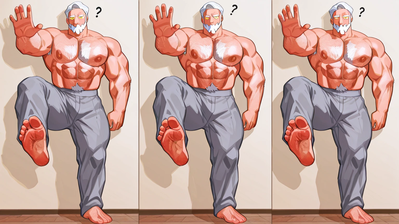 Solo, torso of white bearded shirtless topless old muscular man, his arms up, armpits, his hands chained over his head, gigachad muscular, longand fluffy beard, :: high detail, muscular!, super buff and cool, muscular! white, commission for high res, muscular!!, very buff, white eye brows, strong chest, strong arms, large muscles, muscular, thick waist, big body, tall thick body, wet, wide body, sexual appeal, big blue eyed, man bun hairstyle, chubby belly, white hairy chest, sleeping, in the dark prison
