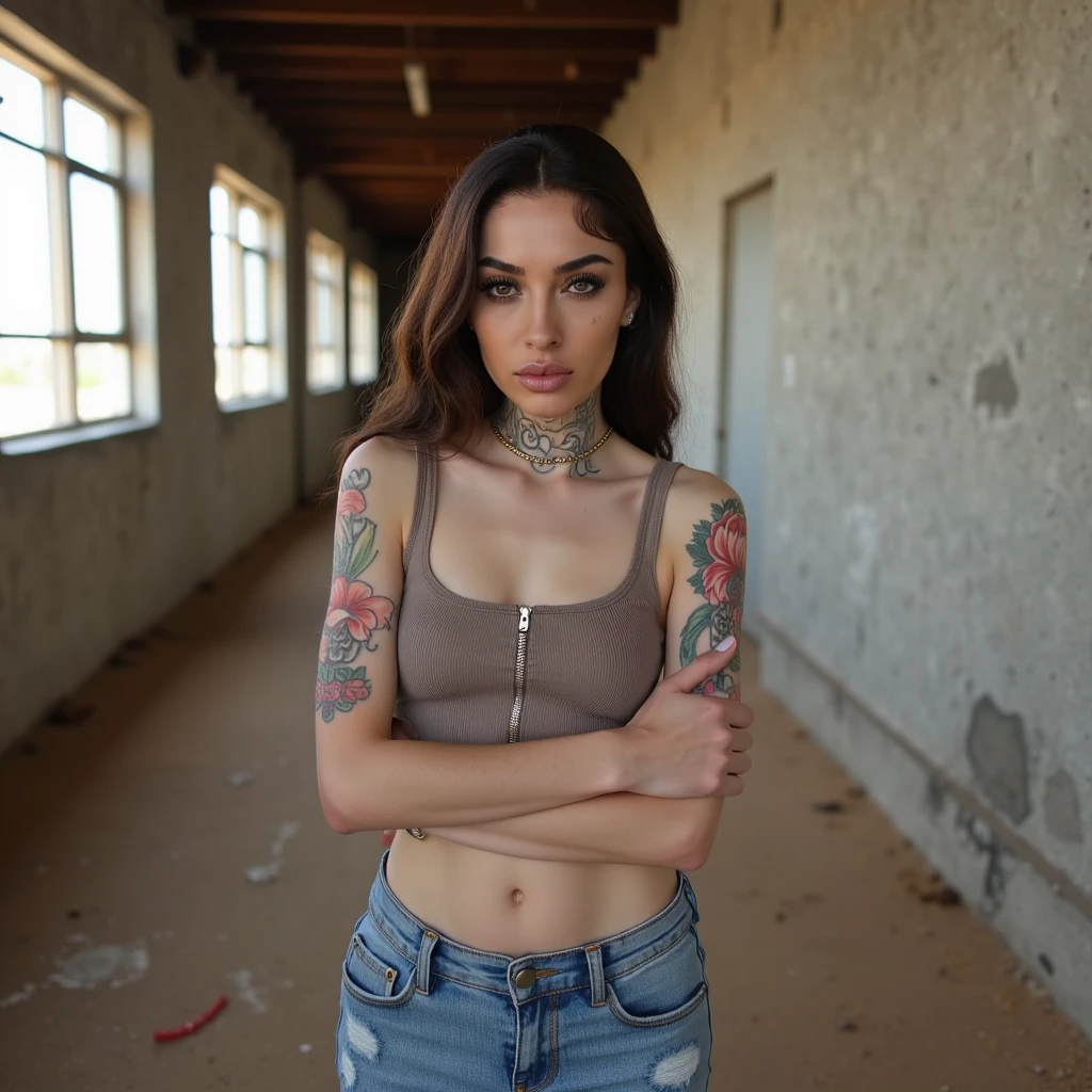 Australian gangster girl, (24 years old), in the apartment, balcony, dawn, skirt, tattooed, arrogant expression, face details, (from below view), (masterpiece, best quality, highly detailed, hyper realistic)