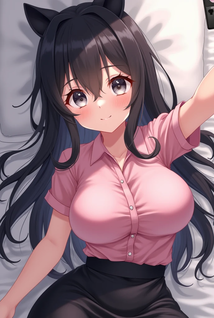 Create an anime girl lying down with a blue shirt with no clothes on top and excited and with some semen on her face 