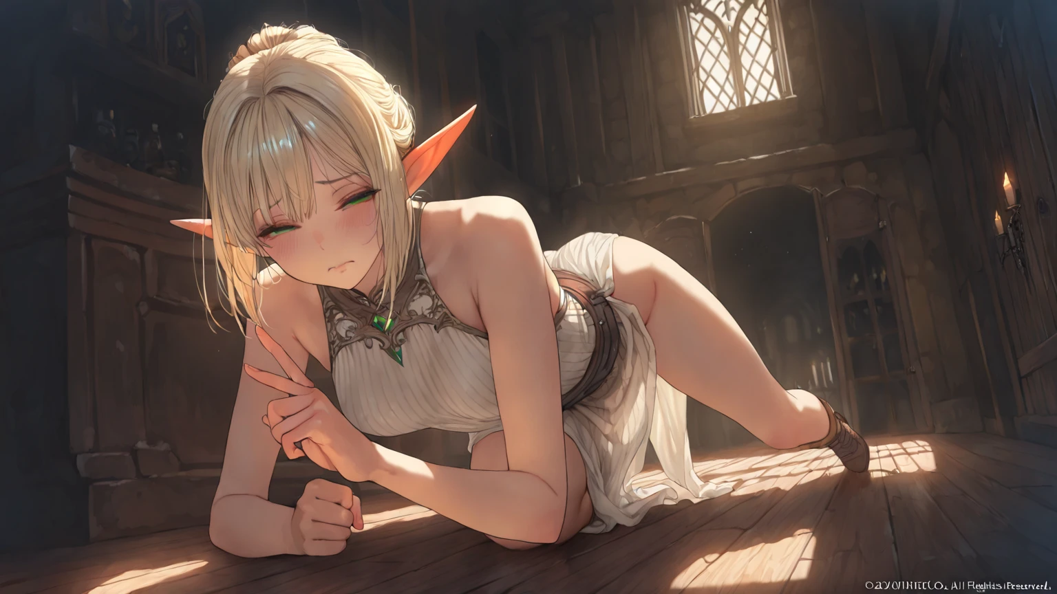 8K, 4k, highest quality, High resolution: 1.2), (masterful, realistic, photoreal: 1.4), three women, beautiful face, she is crying、Shining Lipin Eyes, beholder, Fair skin, white skin: 1.5), Fine complexion, big, big, blonde hair color、bangs, , both sides up,, young, s asack-view、big ass、super breasts、H cup、lower hair、standinian hair、Rear view、exposed nipples、T-back that digs into the buttocks、T-back lingerie、wear a white thong、white langerie、emphasize the buttocks、Harem、Long ears like elves、armor、armor、Equipped with a sword and shield、doggy style sex