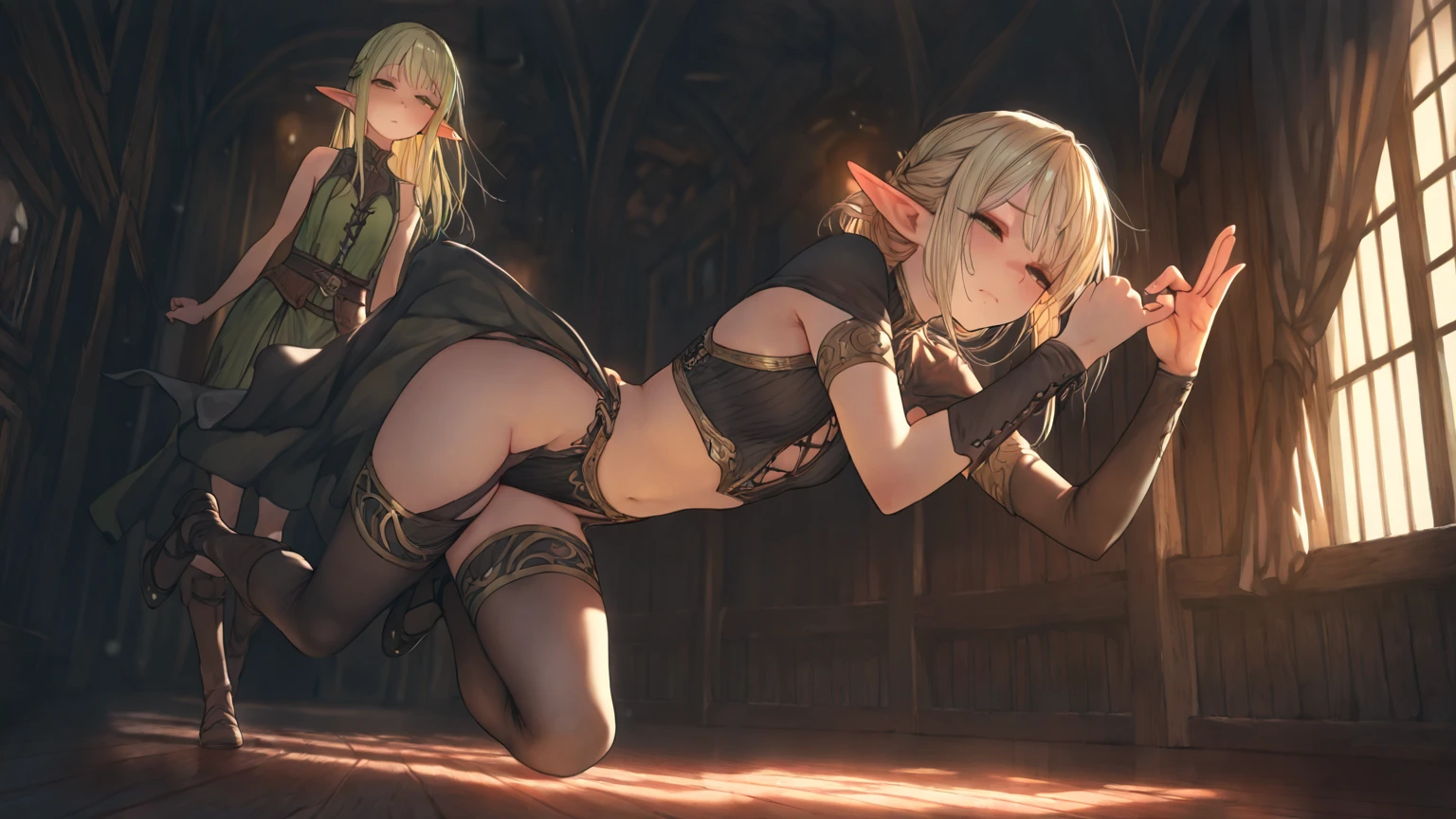 Make a picture where a fairy is getting tied up by a female thief in the woods, bound