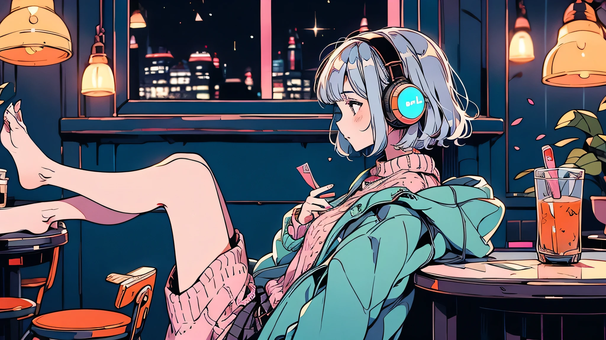 A dreamy illustration of a young woman alone in a softly glowing room at night, lit only by the screen of her phone and the faint light of a city outside her window. She’s wearing headphones, with a wistful expression, holding an unsent letter in one hand. Outside the window, stars and digital symbols (like message bubbles and envelopes) float in the air. Soft pastel tones and gentle lighting. —ar 3:4 —style raw —v 5