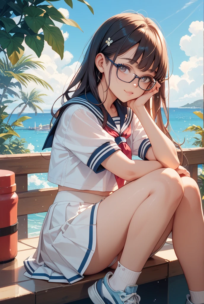 a 20 yo woman、Japan school uniform、(Sailor suit in cute shades)、(White sailor color)、Smiling with a sexual expression、Cute hairstyle、Colossal tits、Close-up view of shoulders seen from the side、(Close-up view of collar from the side)、high-level image quality、beautiful  Girl、sea side、a sailor suit、((white sailor collar))、Sleeveless、Plaid pleated skirt、Stockings、(huge-breasted)、Fluttering the chest、emphasizing breasts、Sleeveless、Smiling、pantie shot、Panchira、Cute patterned panties、Pants with cute patterns、Show the armpits