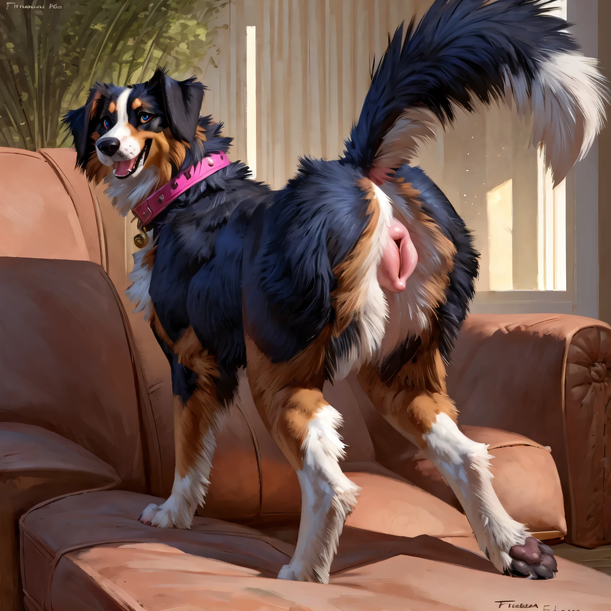 (by halbean), (by Taran Fiddler), solo, feral, canine, domestic dog, Bernese mountain dog, Australian shepherd, long fur, shiny fur, smooth body, long snout, big floppy ears, cute eyes, curvy, feminine, huge butt, bubble butt, anatomically correct, female, pink dog collar, living room, standing, overexposed lighting, warm sunlight, inviting, absurd res, in heat, panting, moaning, big eyes, cute eyes, hyper canine pussy, plump labia, anus, looking back at viewer, leaking cum, happy, excited