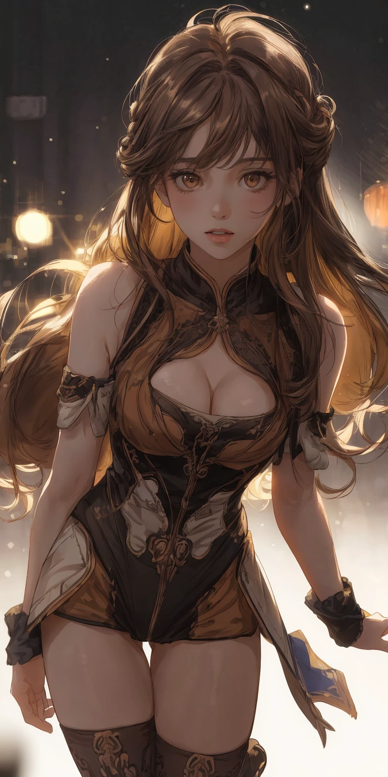 (high quality, 8k, 4K, High Contrast, masterpiece:1.2, 最high quality, Best aesthetics), , Maid, Very detailed, Seductive and erotic girl with lace headdress, smile, (large breast, elbow gloves, black gloves), Focus on the face, Focus on the face, Complex eyes, tights, laced tights, coffee shop, Ground angle shot, Viewers looking up, feet in tights, Open-chested clothing