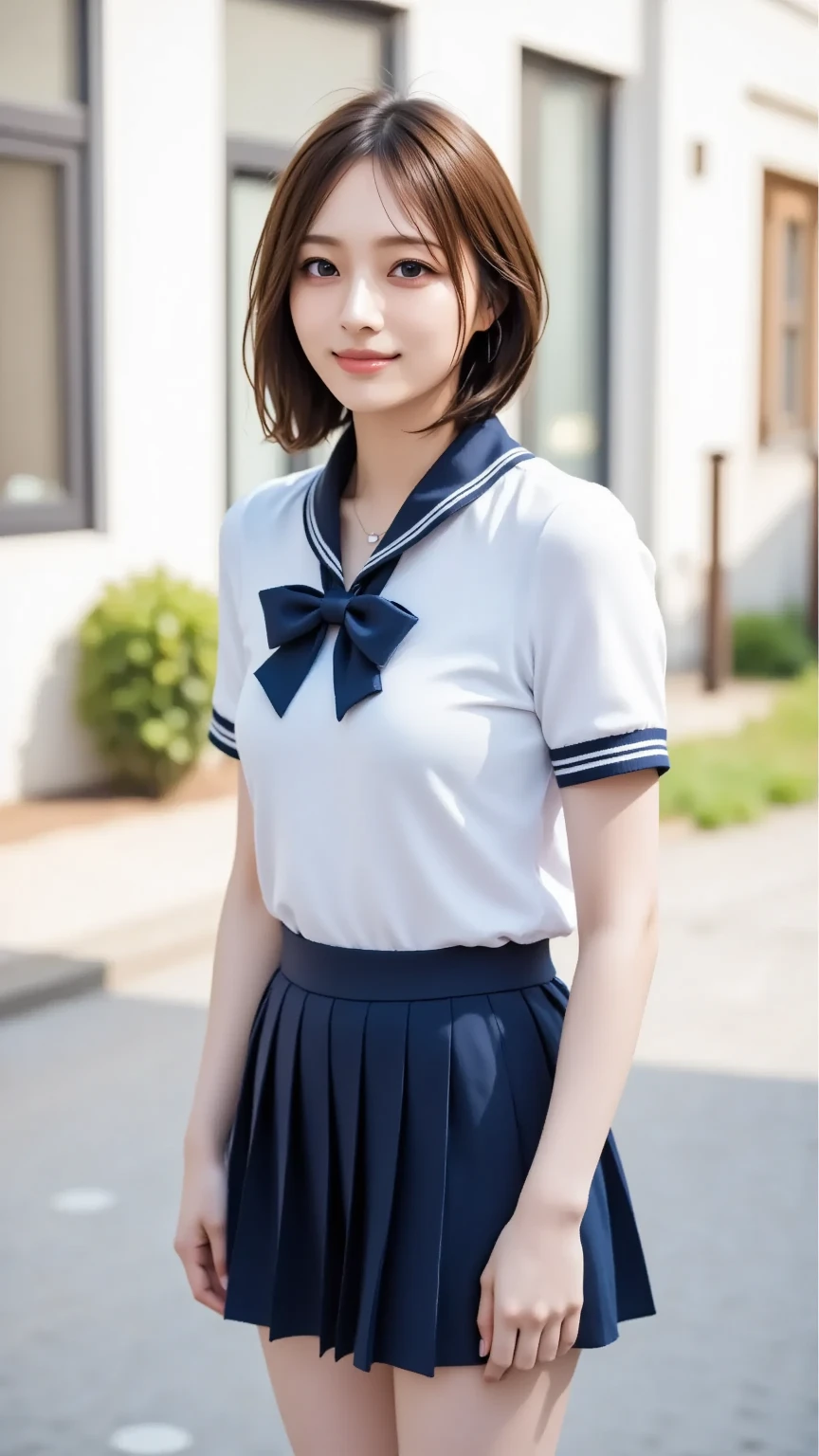 Neat college girl, petite person, (school uniform, sailor uniform, ribbon tied at chest, summer clothes, upper body white, skirt is dark blue), outside the athletic field, (slim), photorealistic, detail, skin texture, ultra detail, delicate sexy collarbone, smile, super detailed face, detailed lips, detailed eyes, double eyelids, small breasts, small breasts, small, flat breasts, breast emphasis