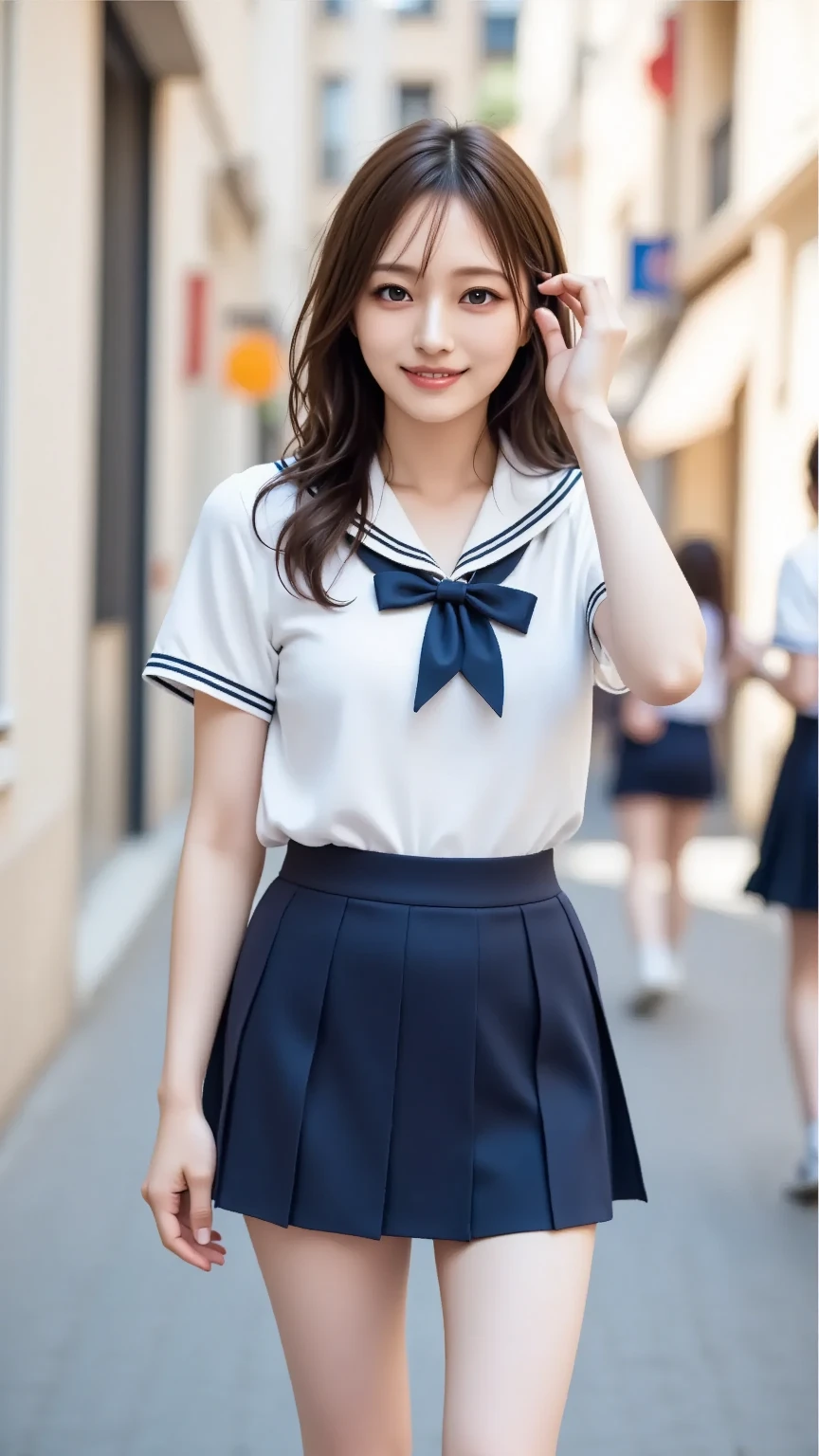(best quality, 8k, 32k, masterpiece, UHD:1.2), (RAW photo), (realistic), (photorealistic:1.2), (high resolution), huge filesize, ultra-detailed, extremely beautiful face & eyes, perfect double eyelid, 1girl, japanese elementary school student,14yo, 13yo, 12yo, round small face, baby face, thin waist, beautiful belly skin, large breasts, slim proportions, perfect thin thighs, small butt, (darkblue pleated mini skirt, japanese sailor, sailor fuku, serafuku, japanese school sailor suit, sailor red neckerchief), nice hands, perfect hands, accurate hand depiction, sweaty, shy smile, pure white teeth, from below, (blue sky, summer, sun, beach, palm tree, outdoors), portrait photography,