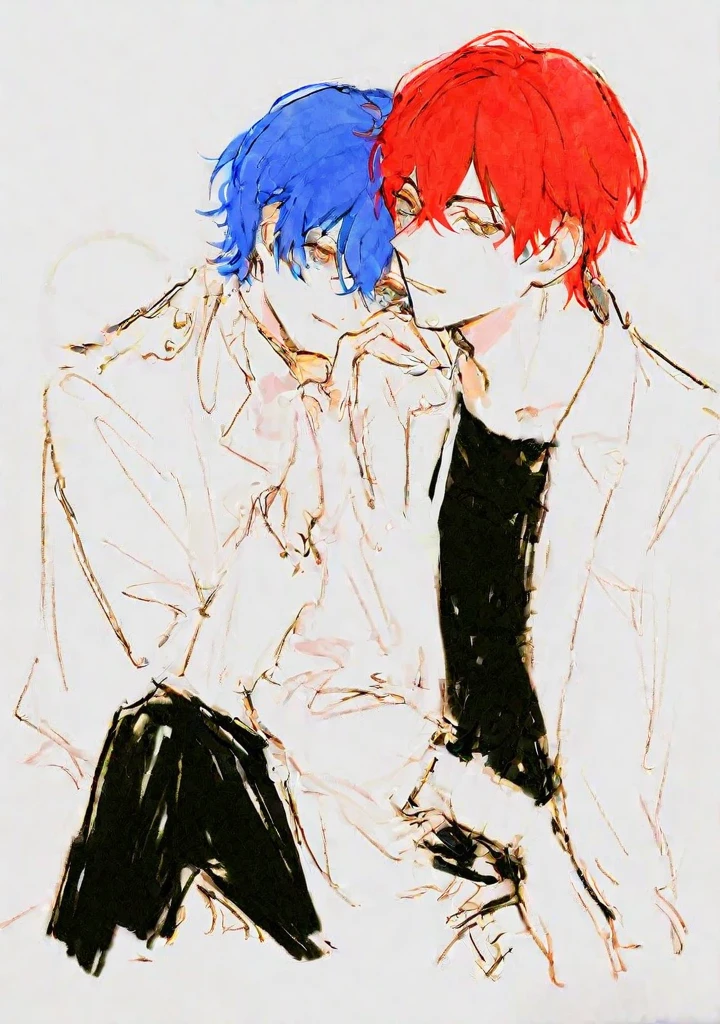 One boy with Red hair red eyes ,another with blue hair and blue eyes , boys hug together and kiss ，one caress another one’s cheek