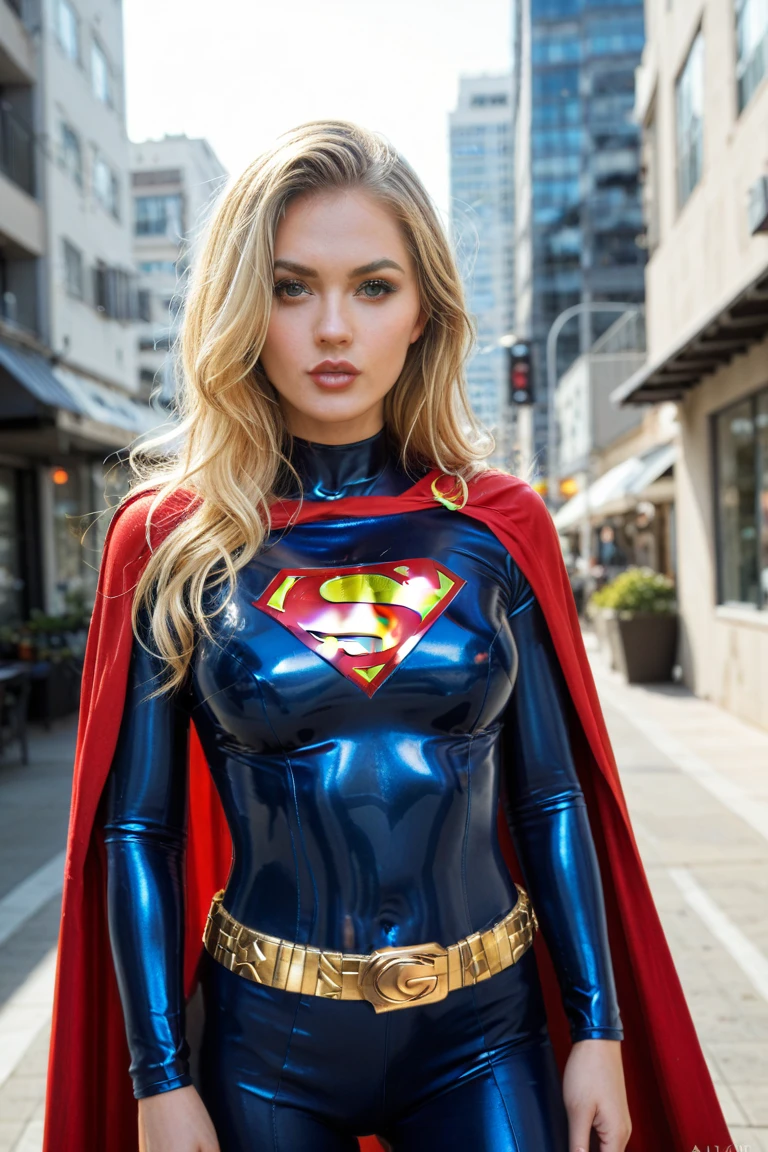 a beautiful woman, realistic model, fair skin, blonde hair, blue eyes, long hair, blue and red costume, supergirl, pretentious smile, urban city, office, detailed face, detailed eyes, detailed lips, detailed figure, highly detailed, photorealistic, superb quality, 8k, dramatic lighting, cinematic, intricate details, vivid colors, dynamic pose