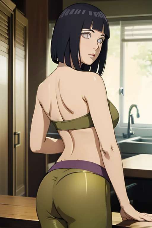 (best quality:1.3), (4k quality),(sharp image), Utahime, ((Detailed face)), ((masterpiece face)),((perfect detailed eyes)) (blush), Utahime, dark hair, long dark tied hair, brown eyes, pink lips, pink lips, sly face, face with stern features, ((detailed face)), perfect face, highly detailed eyes, masterpiece, absurdres , (intricate details), (colorful),cinematic lighting, extremely detailed CG unity 8k wallpaper , 1girl, solo, mature female, erected , fit body, cameltoe,((mint color seductive tight swimsuit)), ((yacht cabin)) , ((perfect small erected breast)), standing and showing her ass from behind