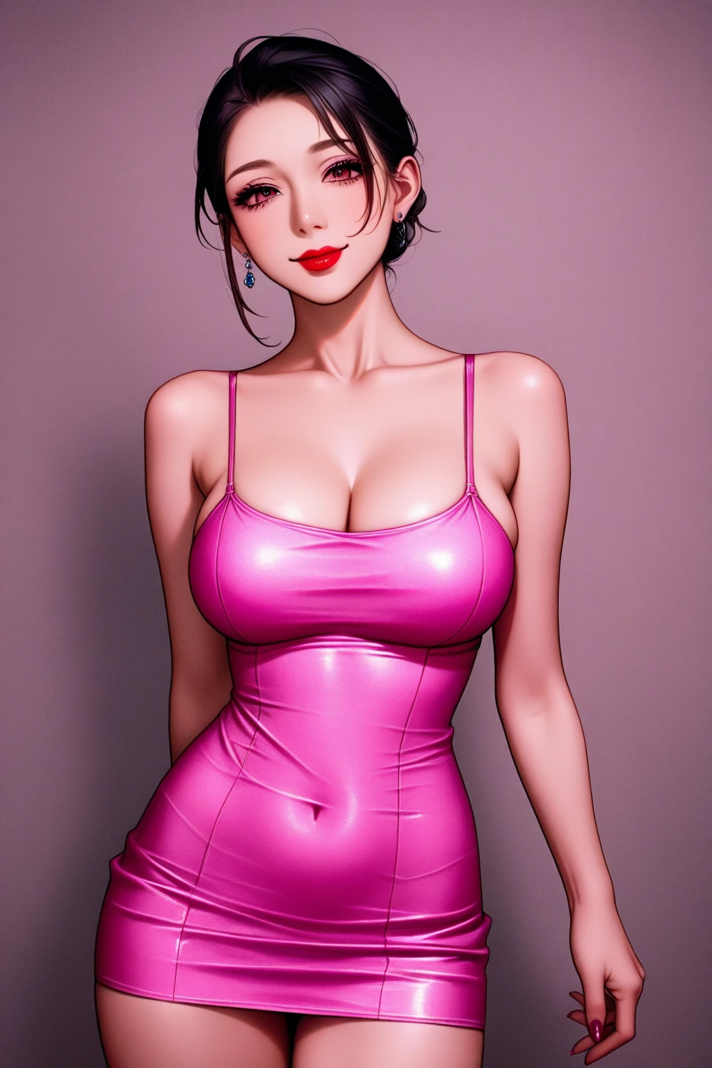 asian woman wearing a sexy pink leotard and jeans shorts, black boots, white-pale-blue hair
